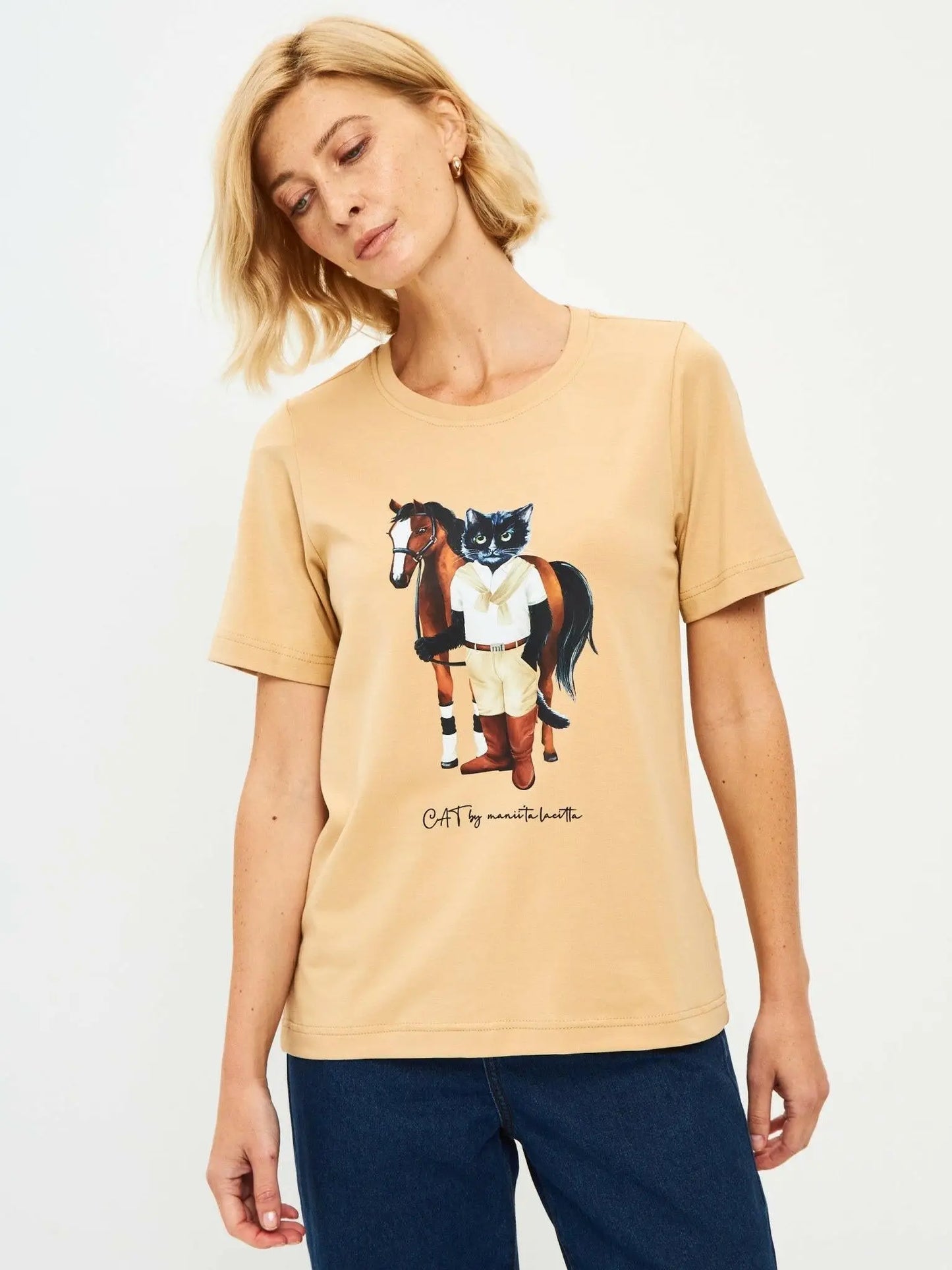 Beige Printed T-shirt Rider Cat | T-shirt For Cat Lovers | Cat e