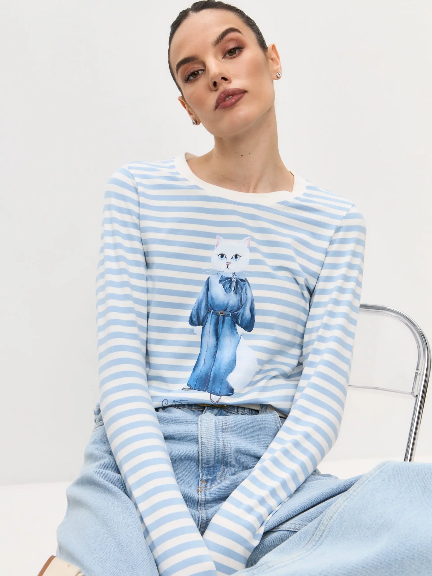 Blue Longsleeve Denim Cat | Shirt & Striped shirt For Cat Lovers