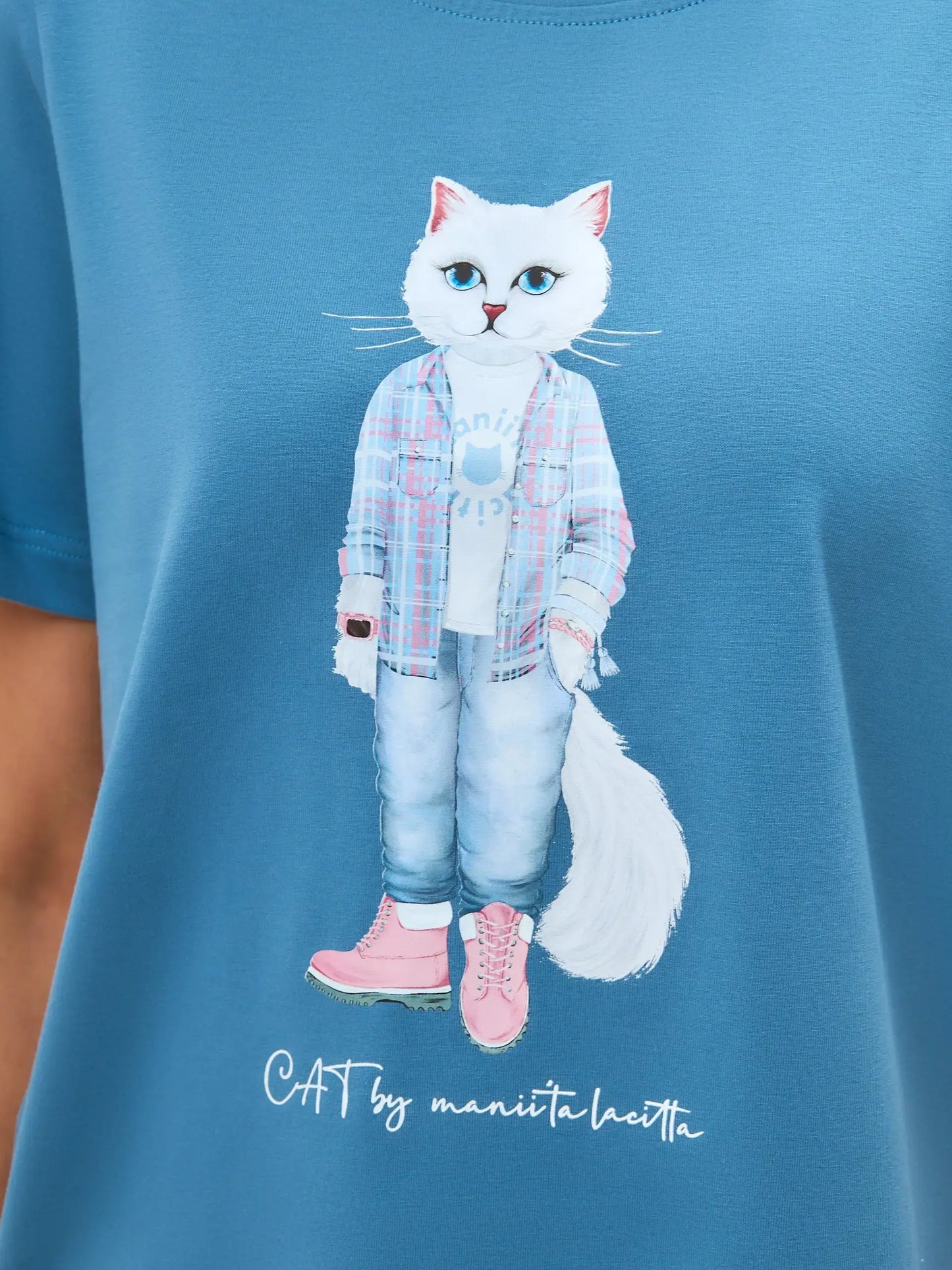 Blue T-shirt Country White Cat | T-shirt For Cat Lovers | Cat e