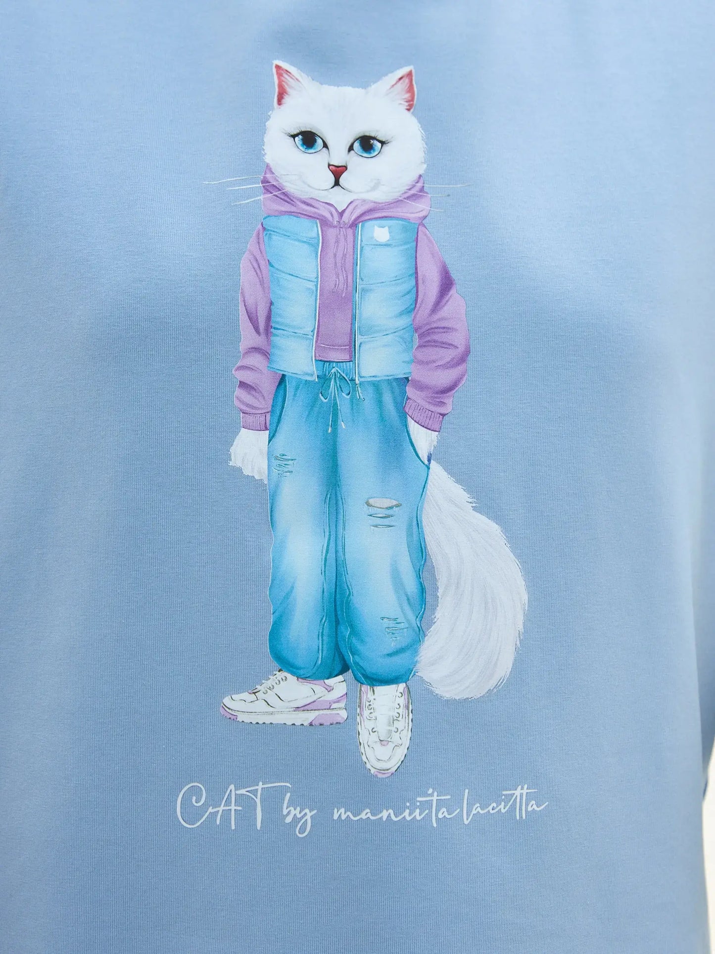 Blue T-shirt White Cat Walk | T-shirt For Cat Lovers | Cat e Lolette