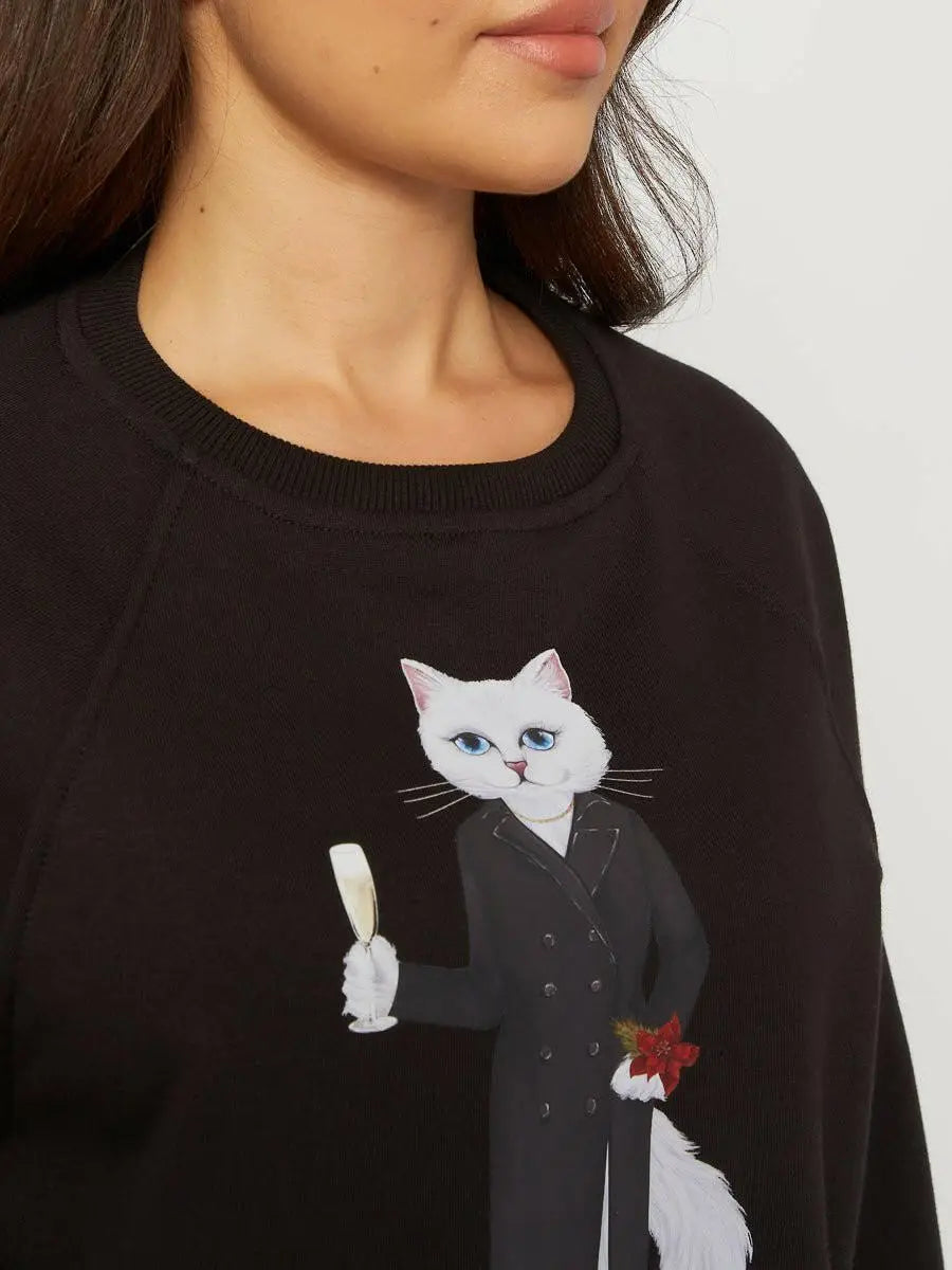 New Year’s Set: Women’s Black Cropped Sweatshirt with a White Cat