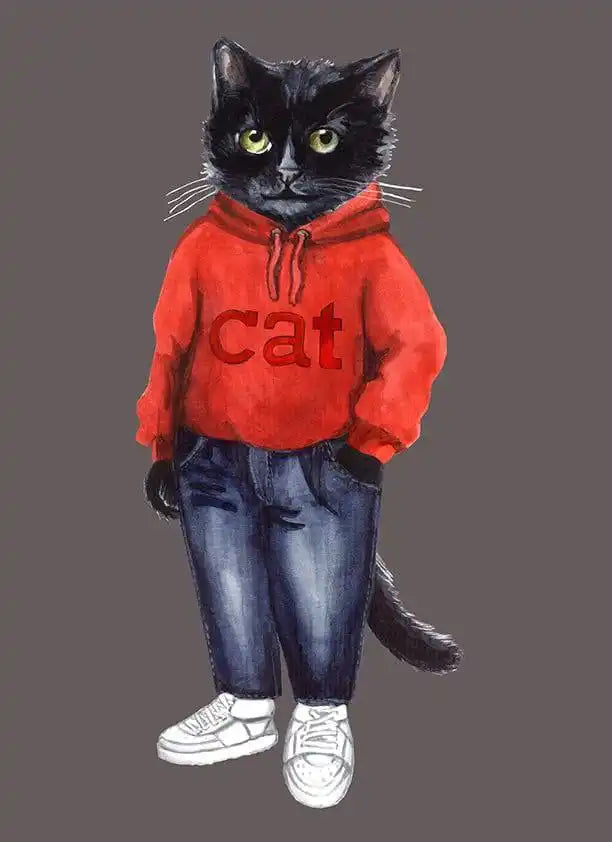 Anthropomorphic black cat in casual attire.