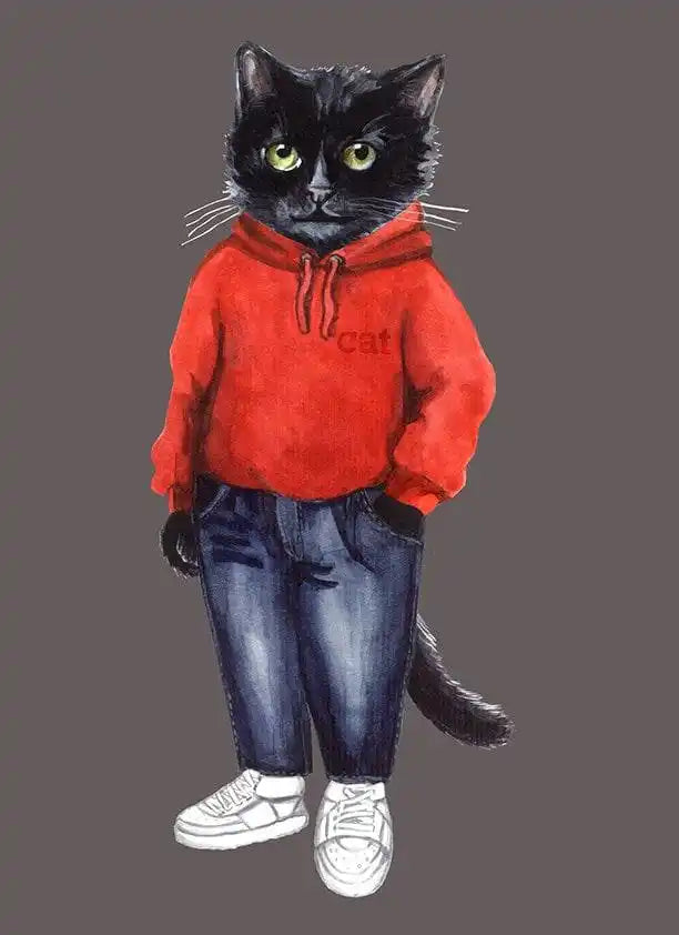 Anthropomorphic black cat in casual attire.