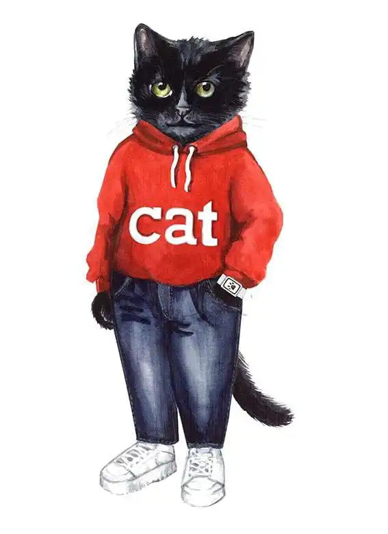 Anthropomorphic black cat wearing a red hoodie, jeans, and sneakers.