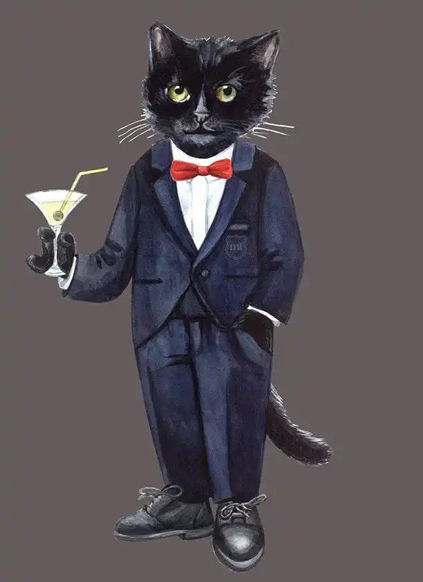 Anthropomorphic black cat in a tuxedo holding a martini.
