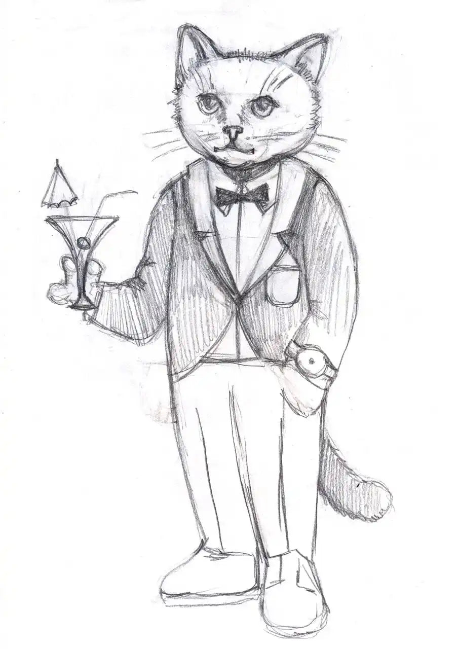 Anthropomorphic cat in tuxedo holding cocktail.