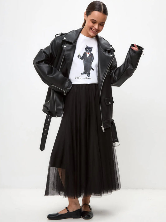 Basic Set: Women’s White T-shirt with a Dandy Cat and Black Tulle