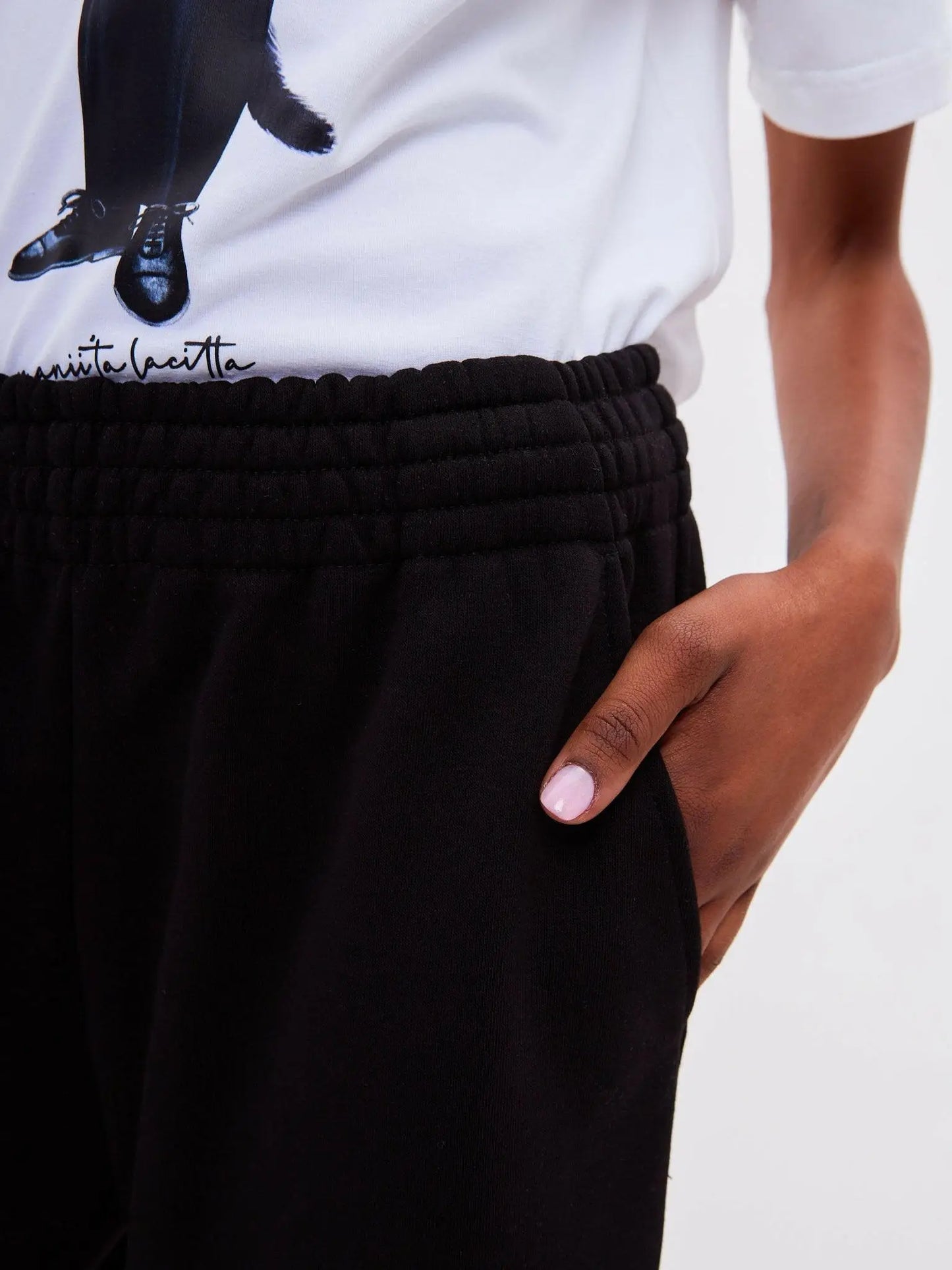 Basic Set: Women’s White T-shirt with Dandy Cat Print and Black Wide
