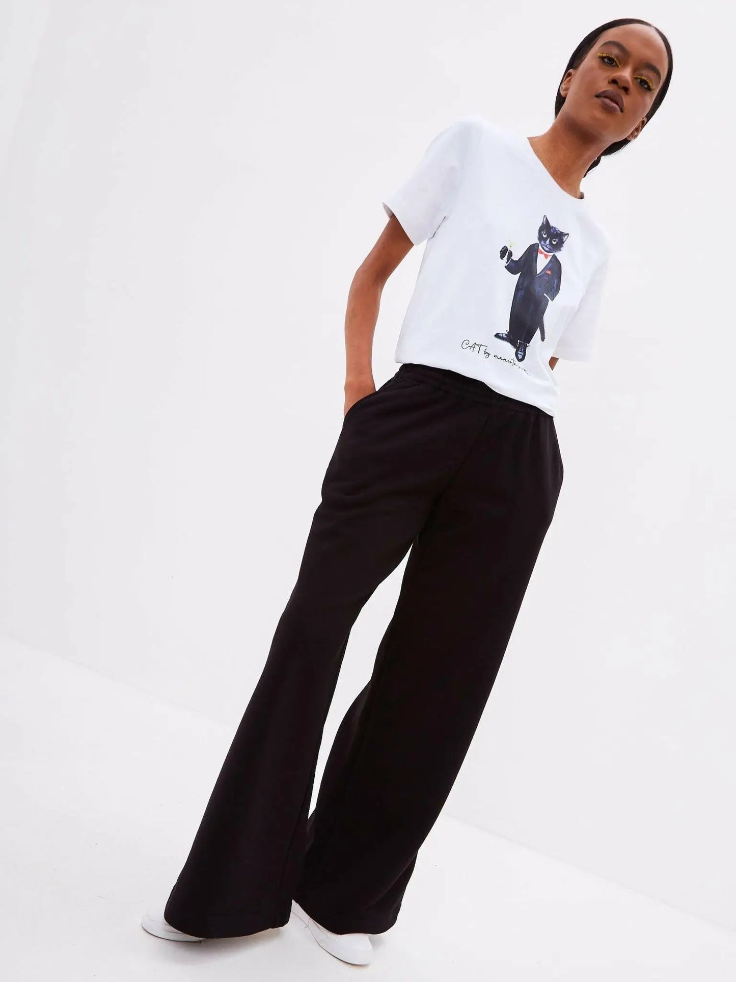Basic Set: Women’s White T-shirt with Dandy Cat Print and Black Wide