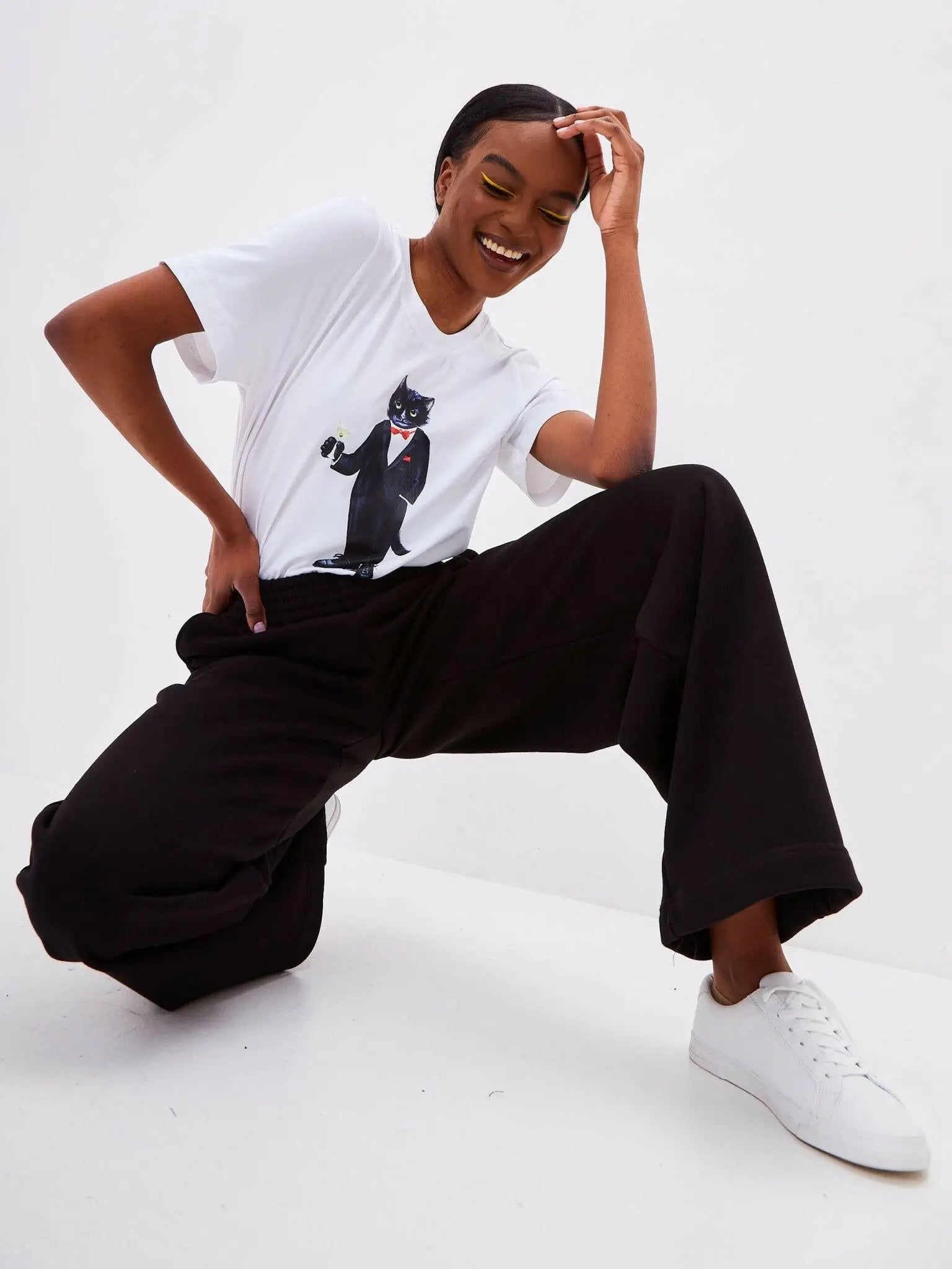 Basic Set: Women’s White T-shirt with Dandy Cat Print and Black Wide