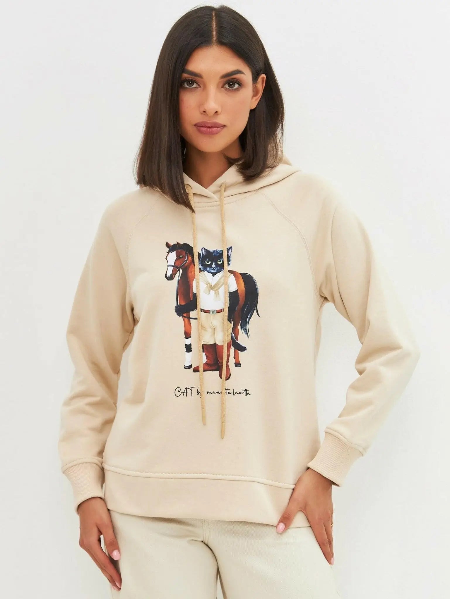 Beige Hoodie Rider Cat | Hoodie & sweatshirt For Cat Lovers | Cat e