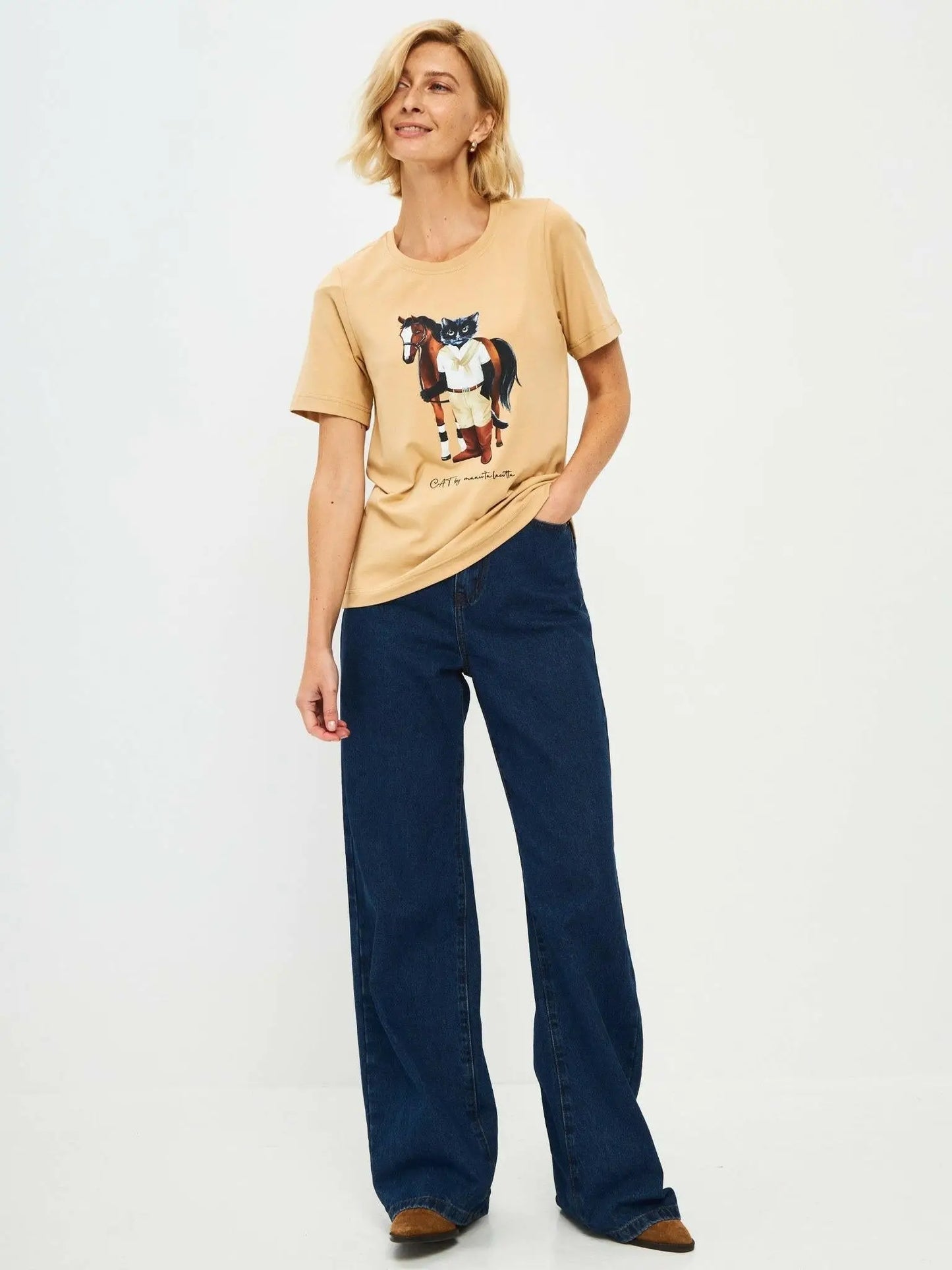 Beige Printed T-shirt Rider Cat | T-shirt For Cat Lovers | Cat e
