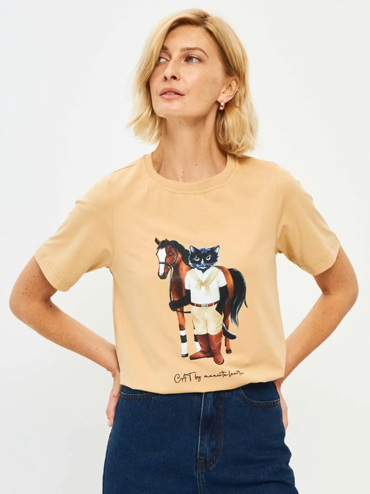 Beige Printed T-shirt Rider Cat | T-shirt For Cat Lovers | Cat e