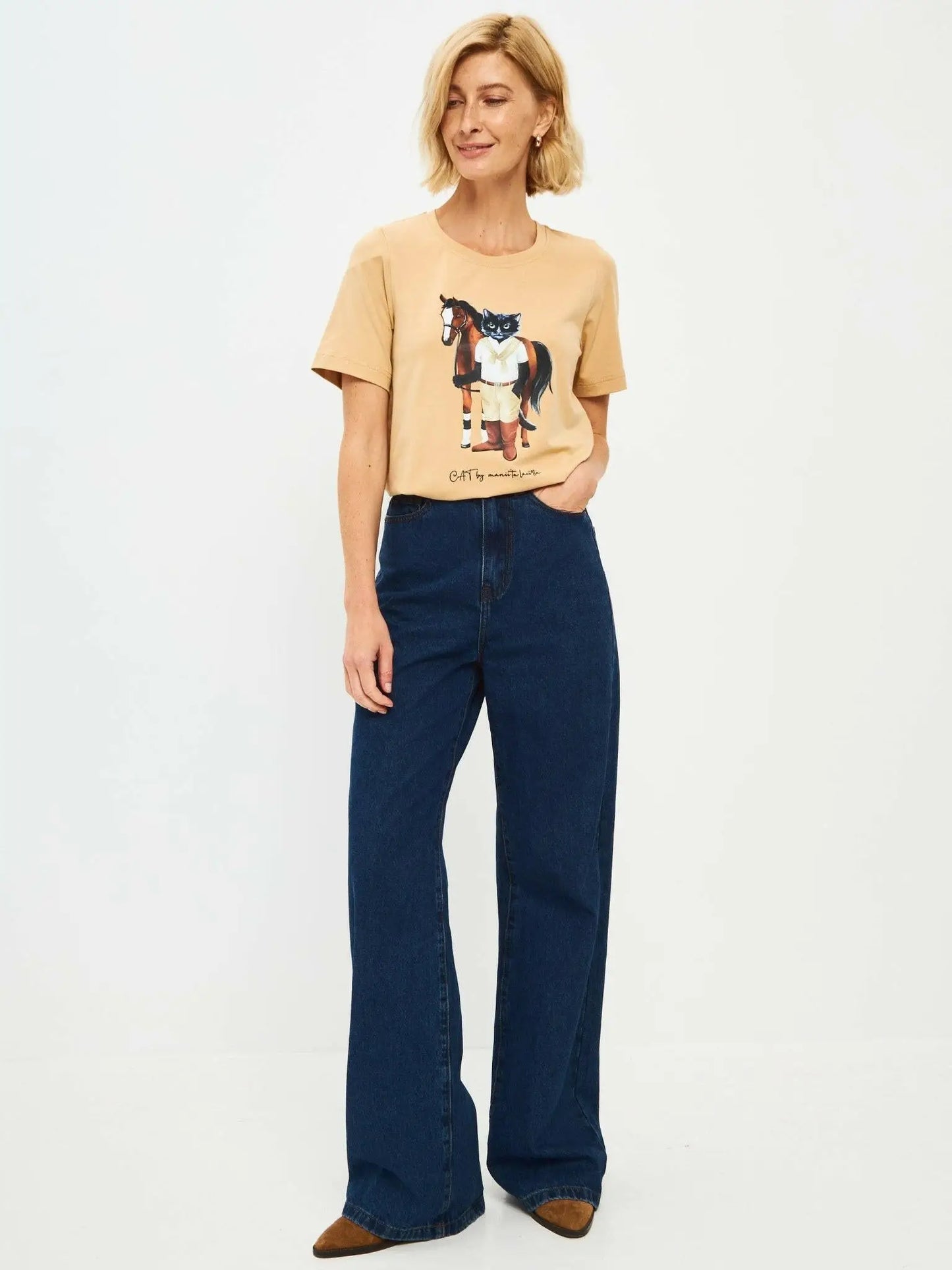 Beige Printed T-shirt Rider Cat | T-shirt For Cat Lovers | Cat e