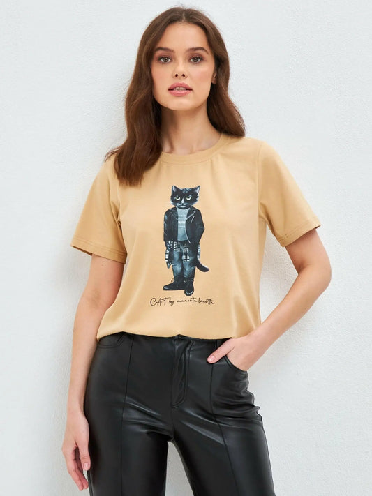 Beige T-shirt Rocker Cat | T-shirt For Cat Lovers | Cat e Lolette