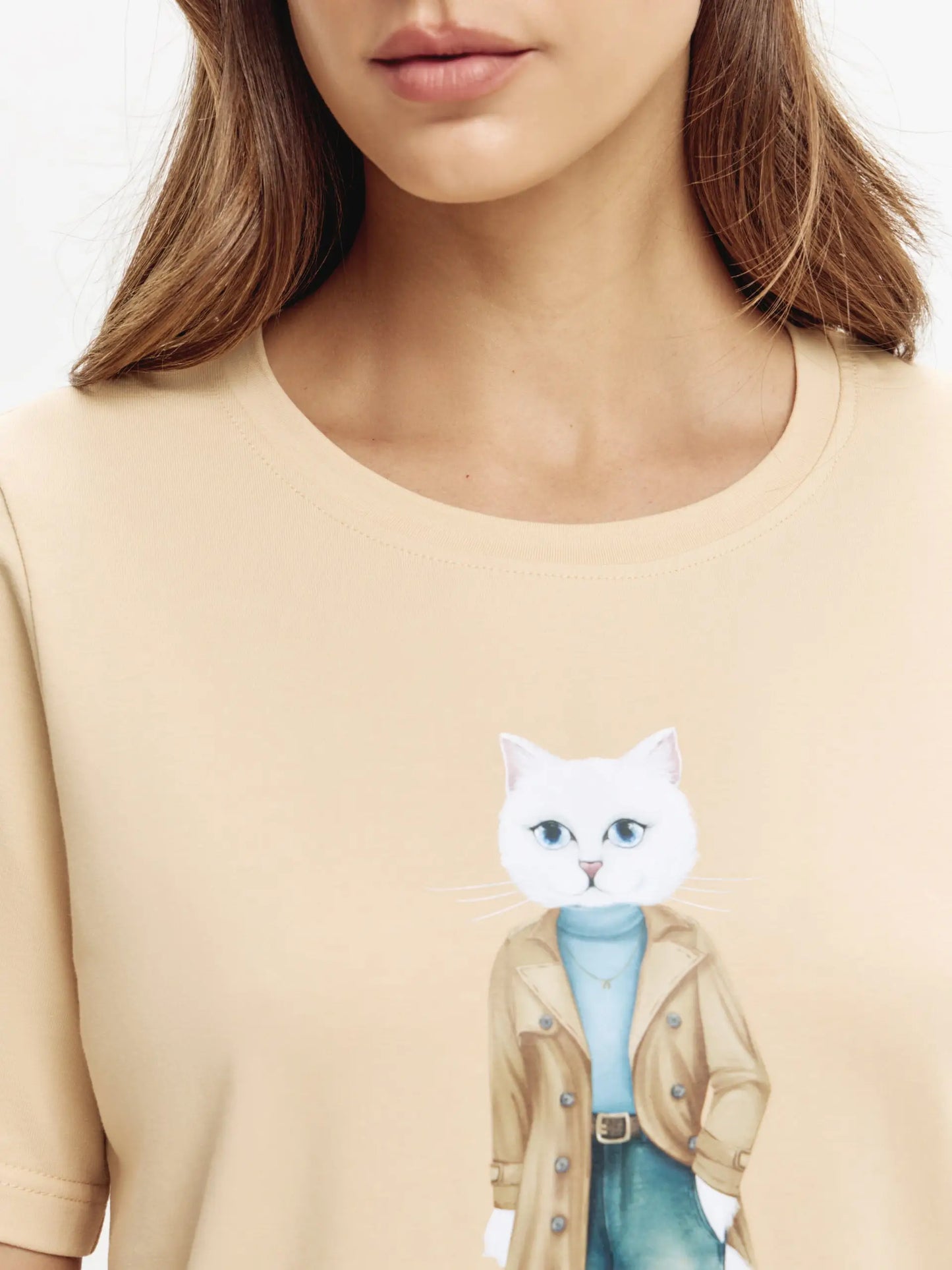 Beige T-shirt Trench Coat White Cat | T-shirt For Cat Lovers | Cat e