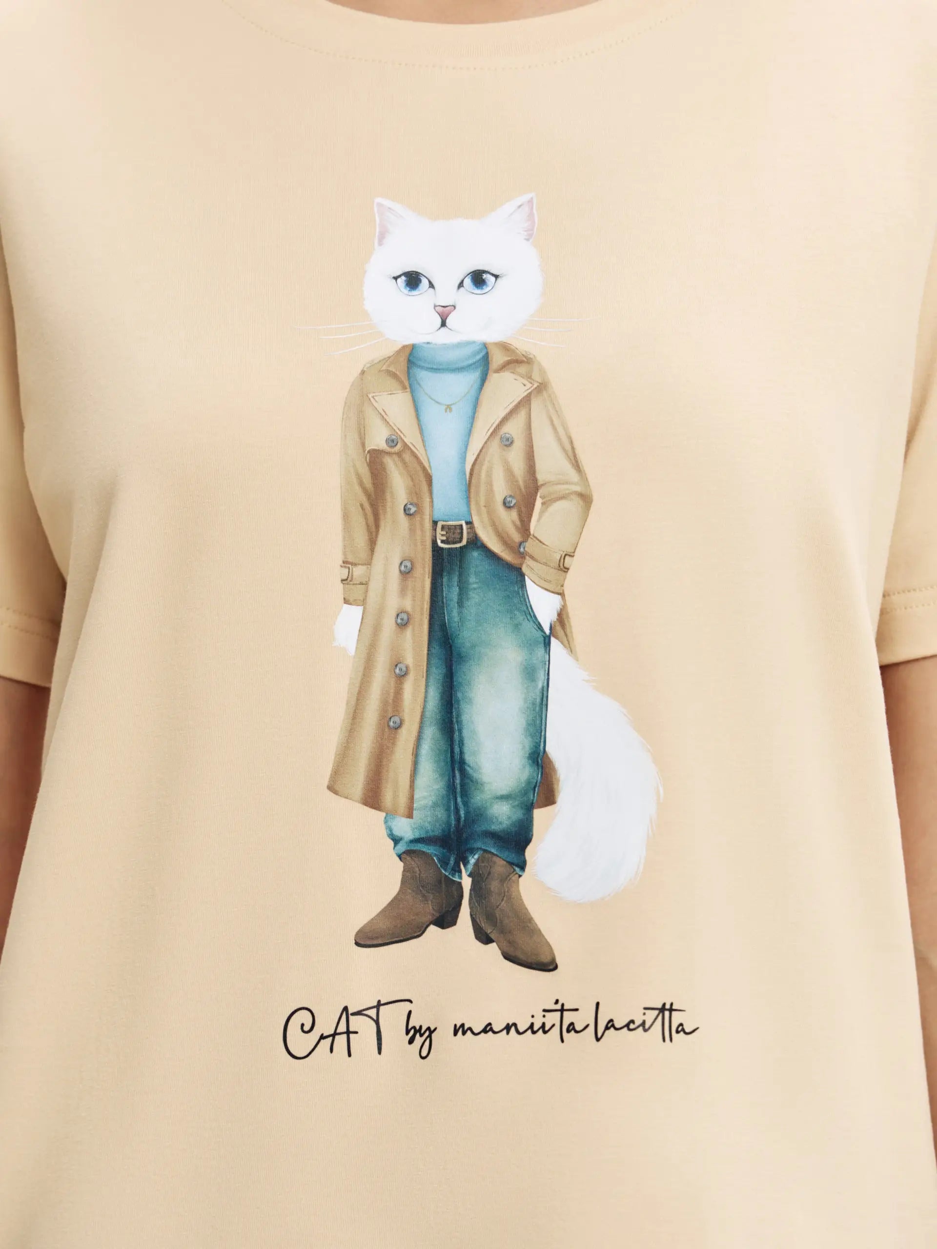 Beige T-shirt Trench Coat White Cat | T-shirt For Cat Lovers | Cat e