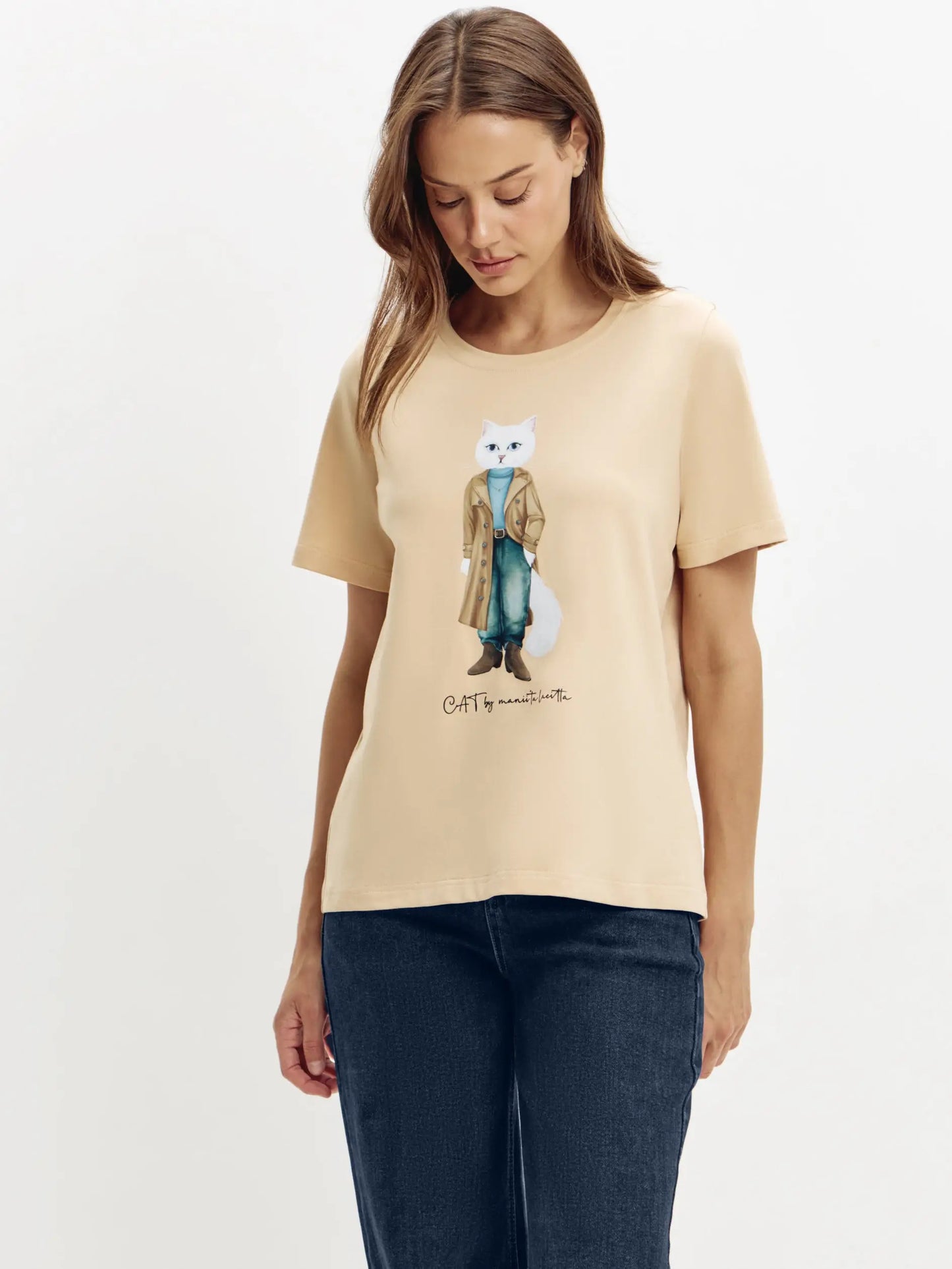 Beige T-shirt Trench Coat White Cat | T-shirt For Cat Lovers | Cat e