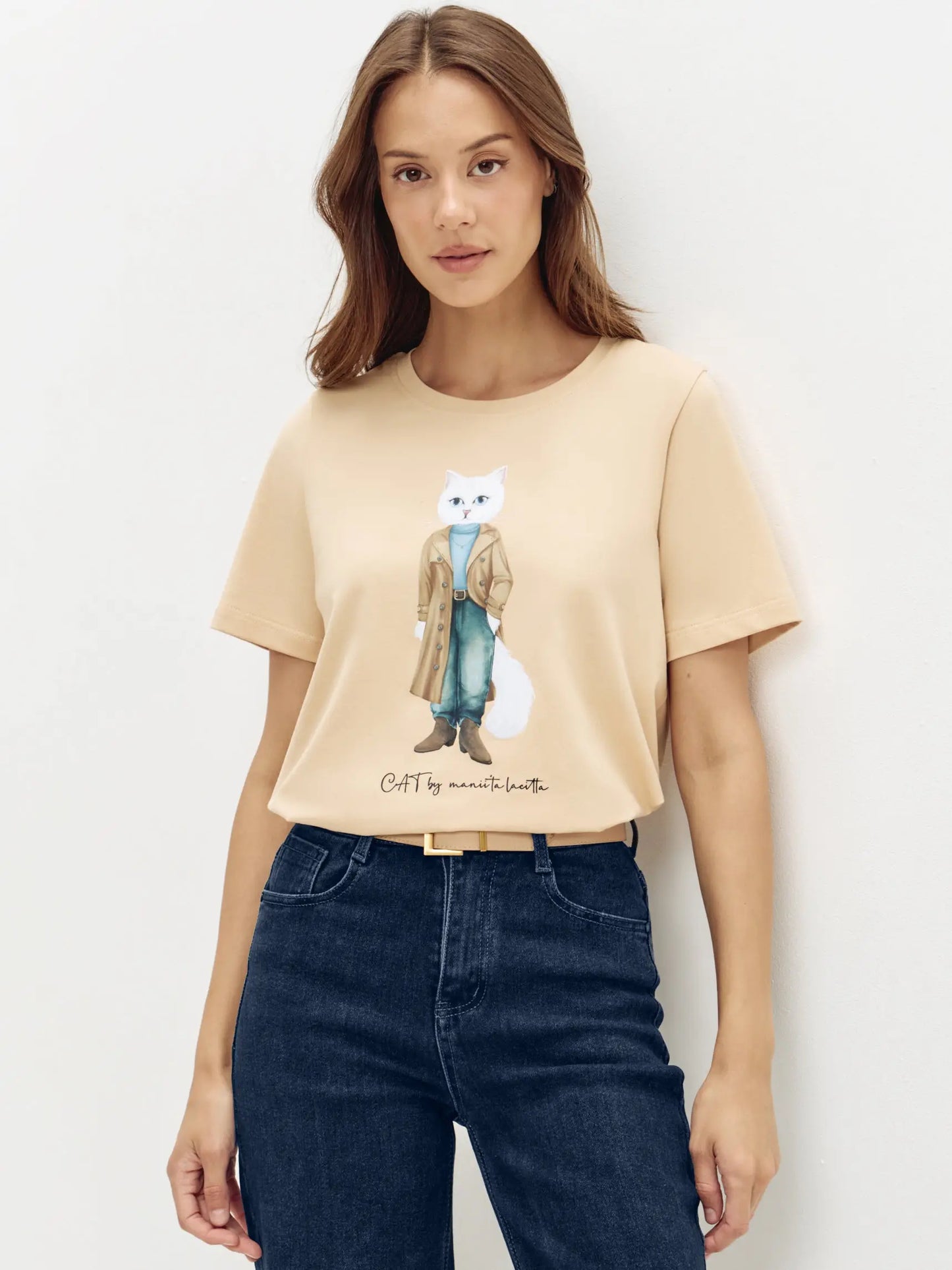 Beige T-shirt Trench Coat White Cat | T-shirt For Cat Lovers | Cat e