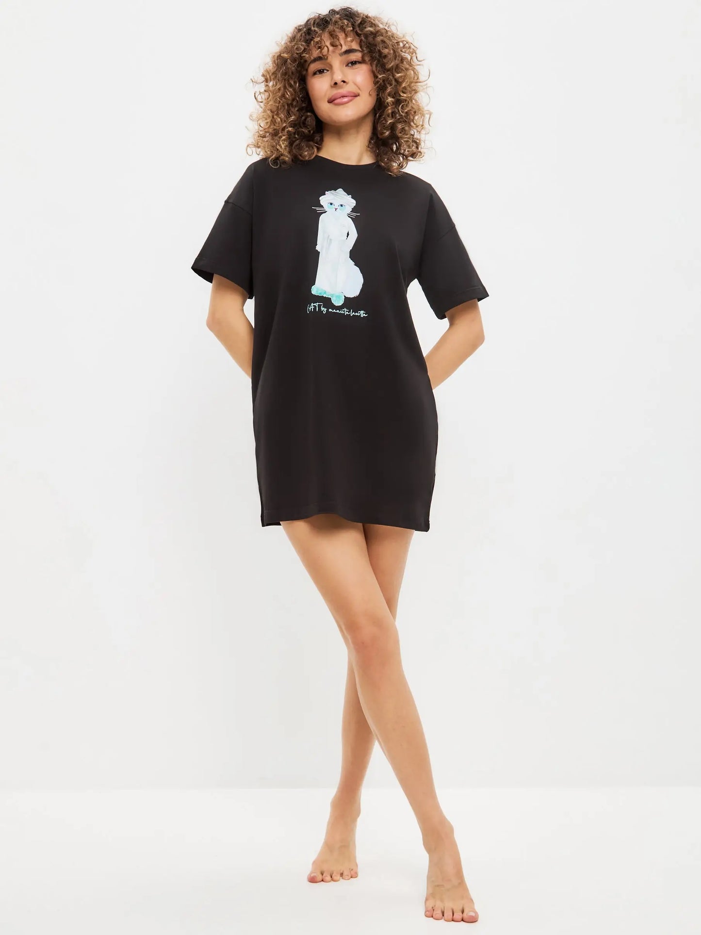 Black Oversized T-shirt Spa Cat | Loungewear For Cat Lovers | Cat e