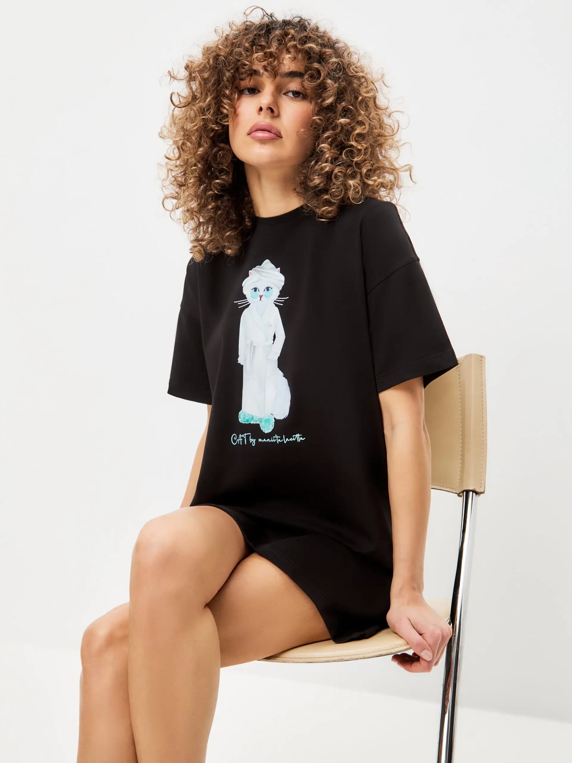 Black Oversized T-shirt Spa Cat | Loungewear For Cat Lovers | Cat e