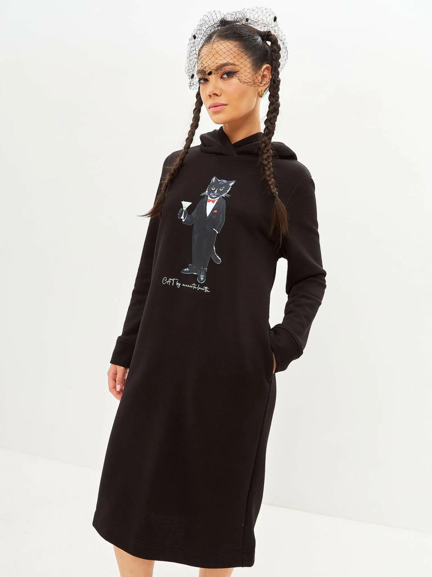 Black Printed Hoodie Dress Dandy Cat | Dress For Cat Lovers | Cat e