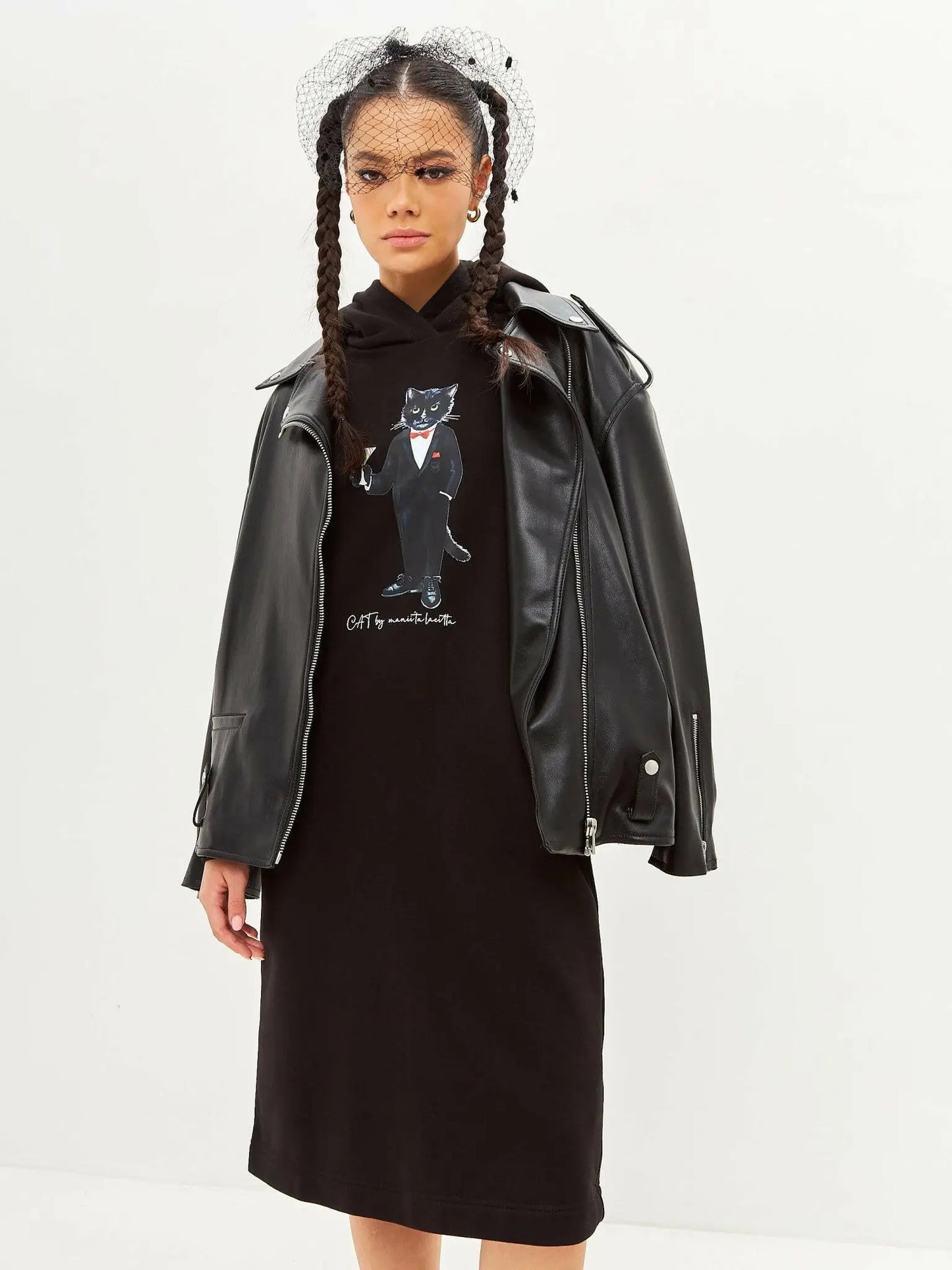 Black Printed Hoodie Dress Dandy Cat | Dress For Cat Lovers | Cat e