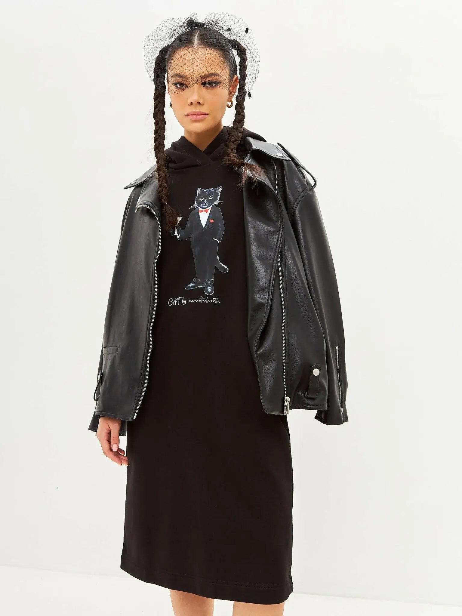 Black Printed Hoodie Dress Dandy Cat | Dress For Cat Lovers | Cat e