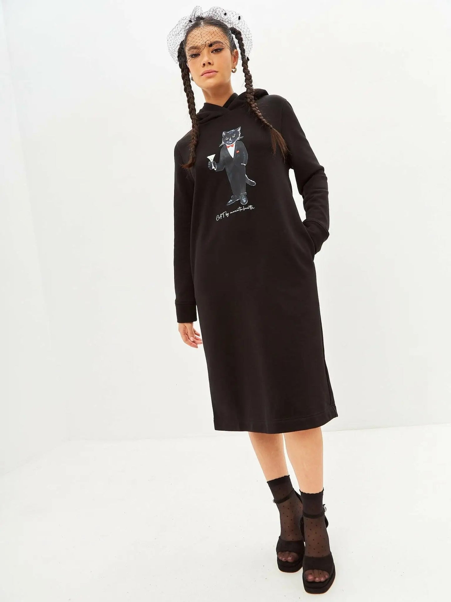 Black Printed Hoodie Dress Dandy Cat | Dress For Cat Lovers | Cat e