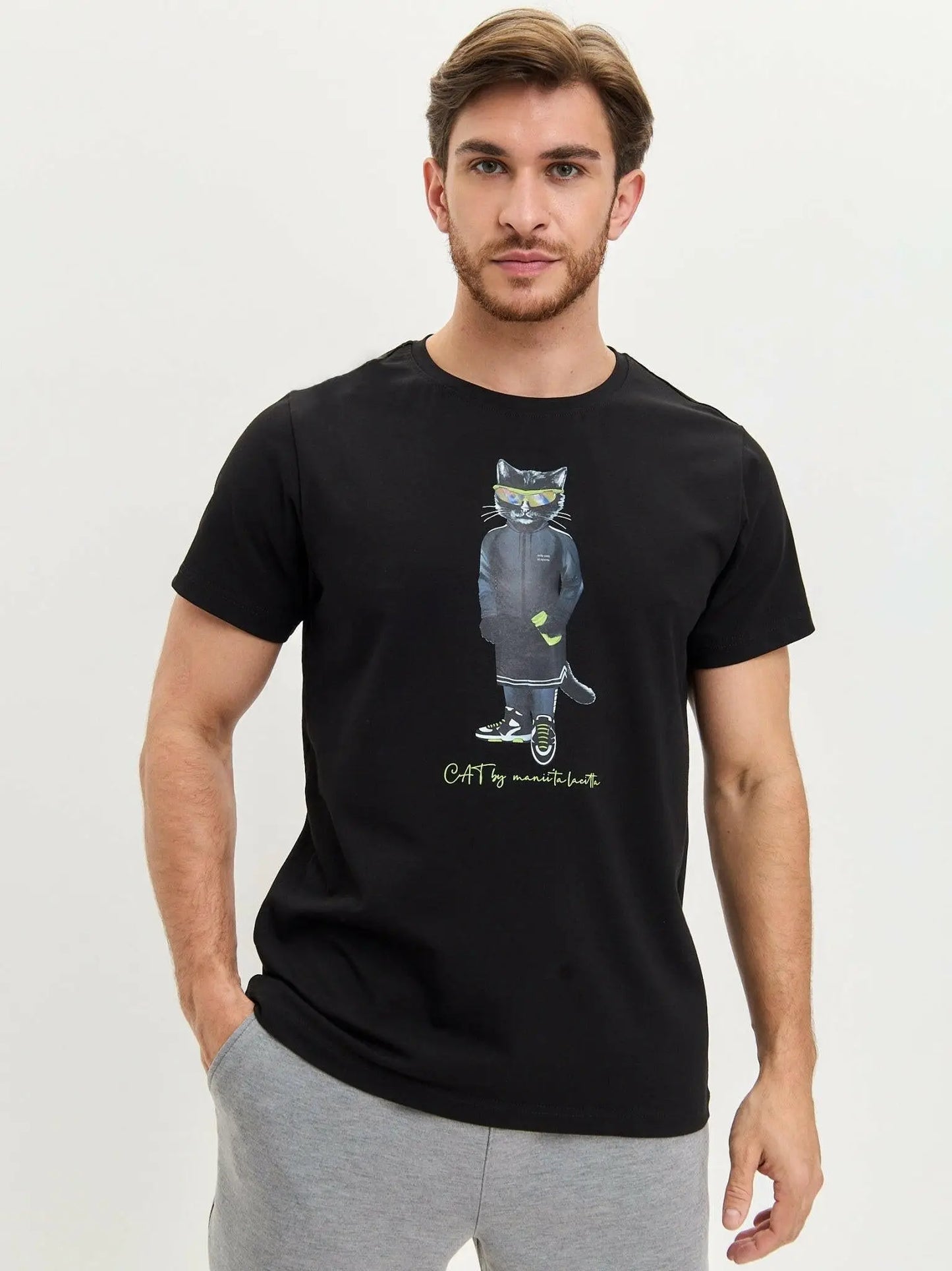Black Printed T-shirt Sport Cat | T-shirt For Cat Lovers | Cat e