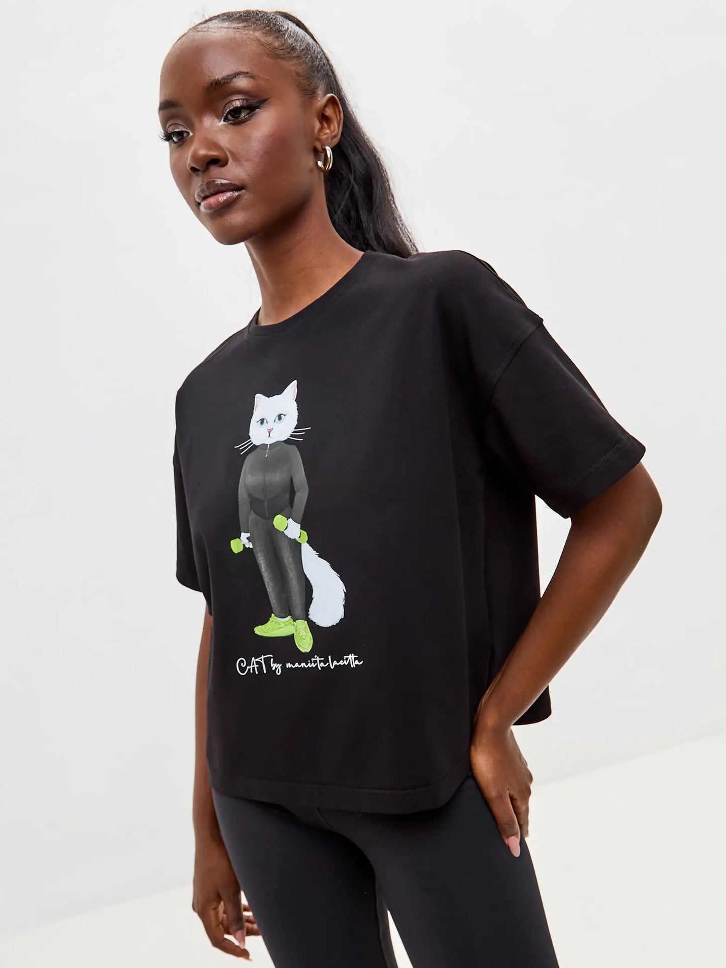 Black Short Oversized T-shirt Sport Cat | T-shirt For Cat Lovers