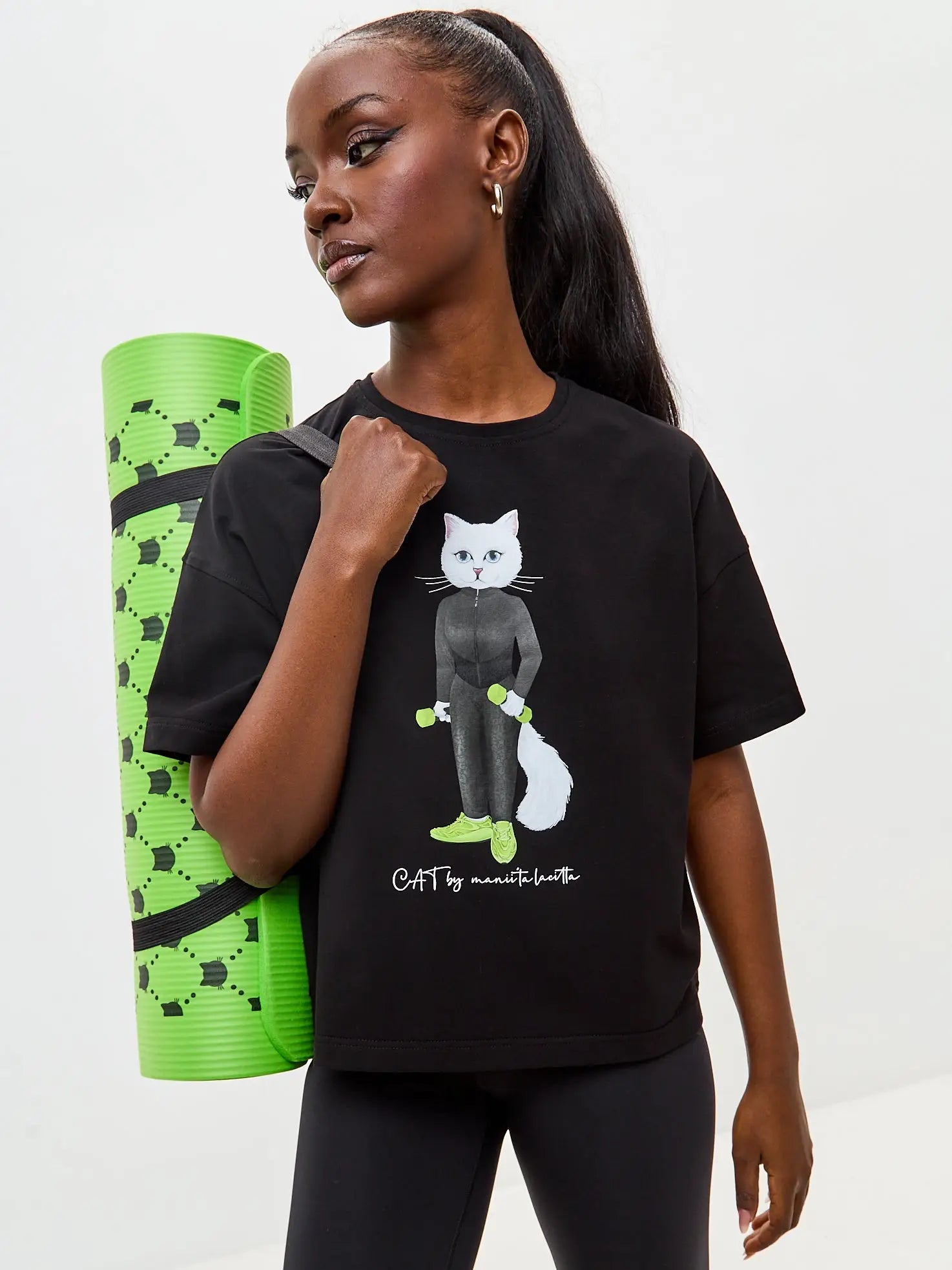 Black Short Oversized T-shirt Sport Cat | T-shirt For Cat Lovers