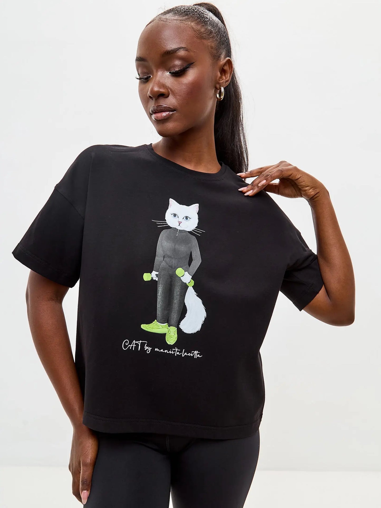 Black Short Oversized T-shirt Sport Cat | T-shirt For Cat Lovers