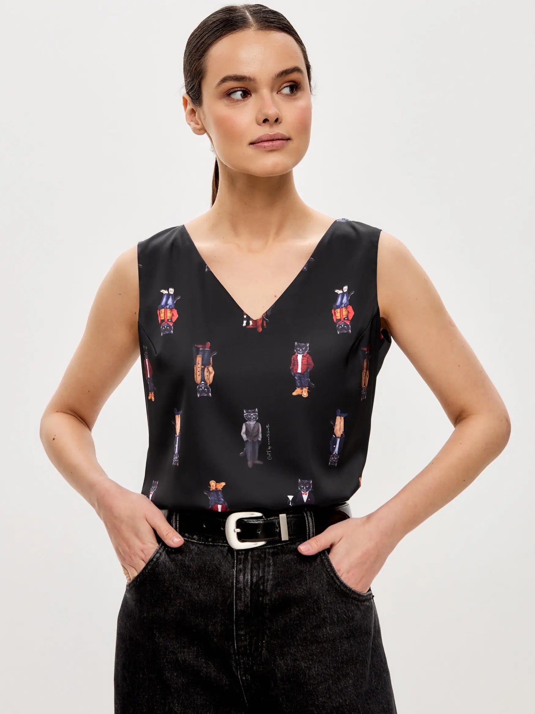 Black Silk Top Cat | Silk top For Cat Lovers | Cat e Lolette