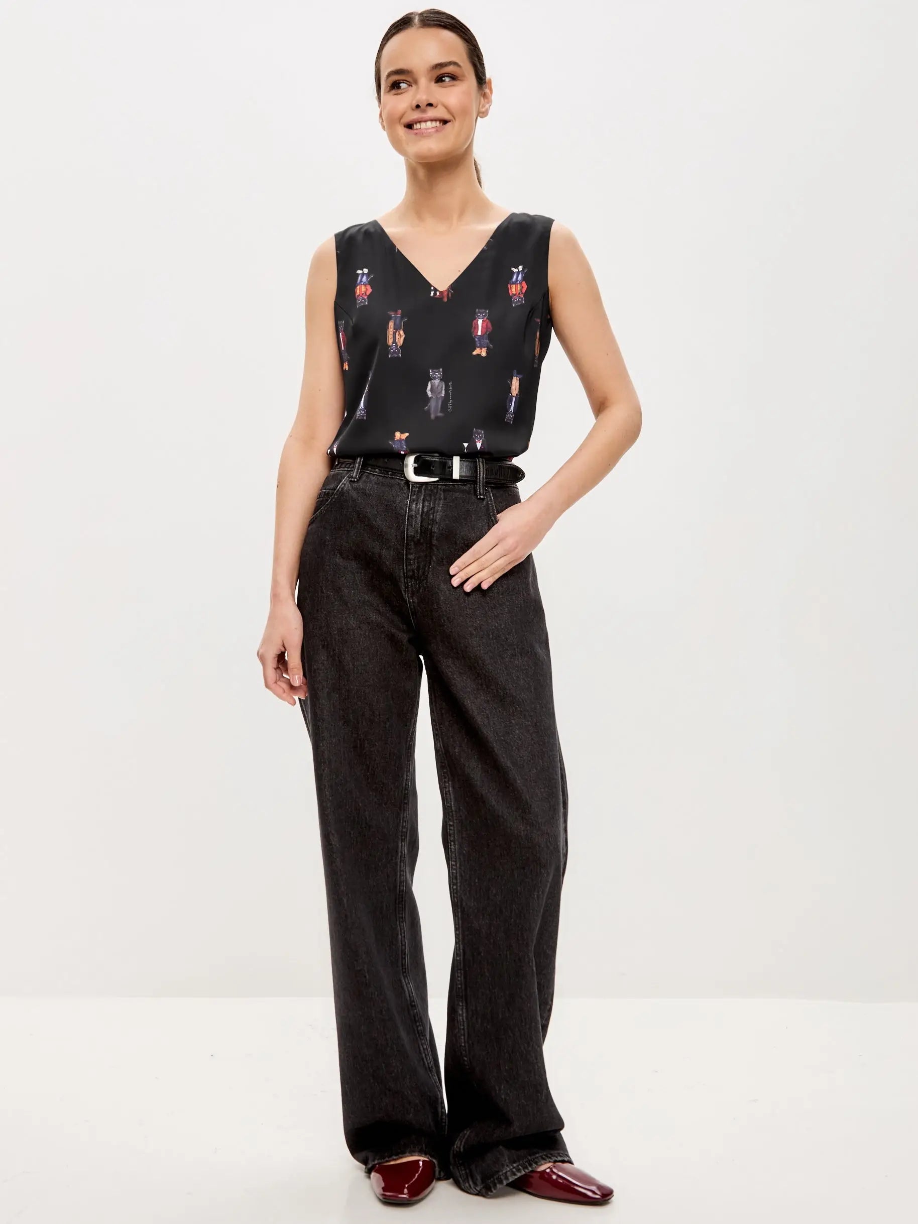 Black Silk Top Cat | Silk top For Cat Lovers | Cat e Lolette