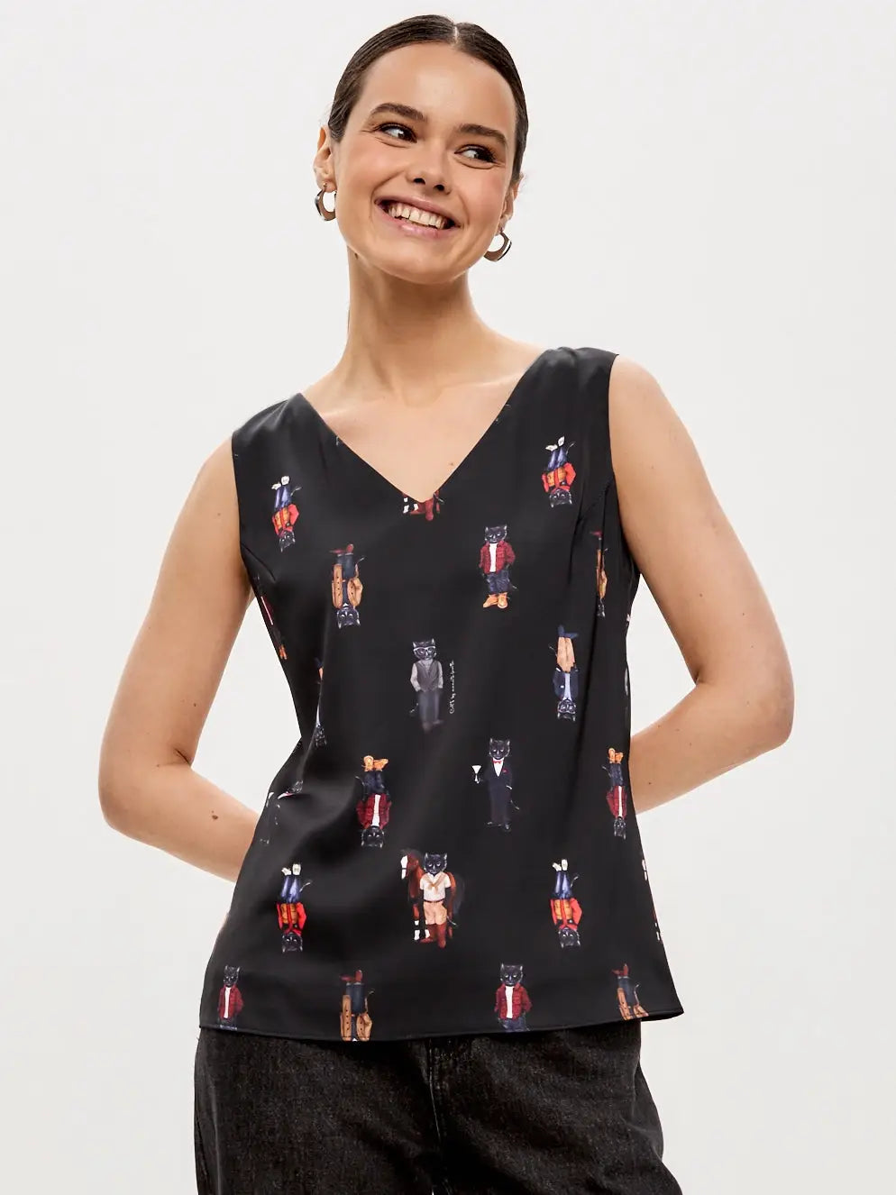 Black Silk Top Cat | Silk top For Cat Lovers | Cat e Lolette