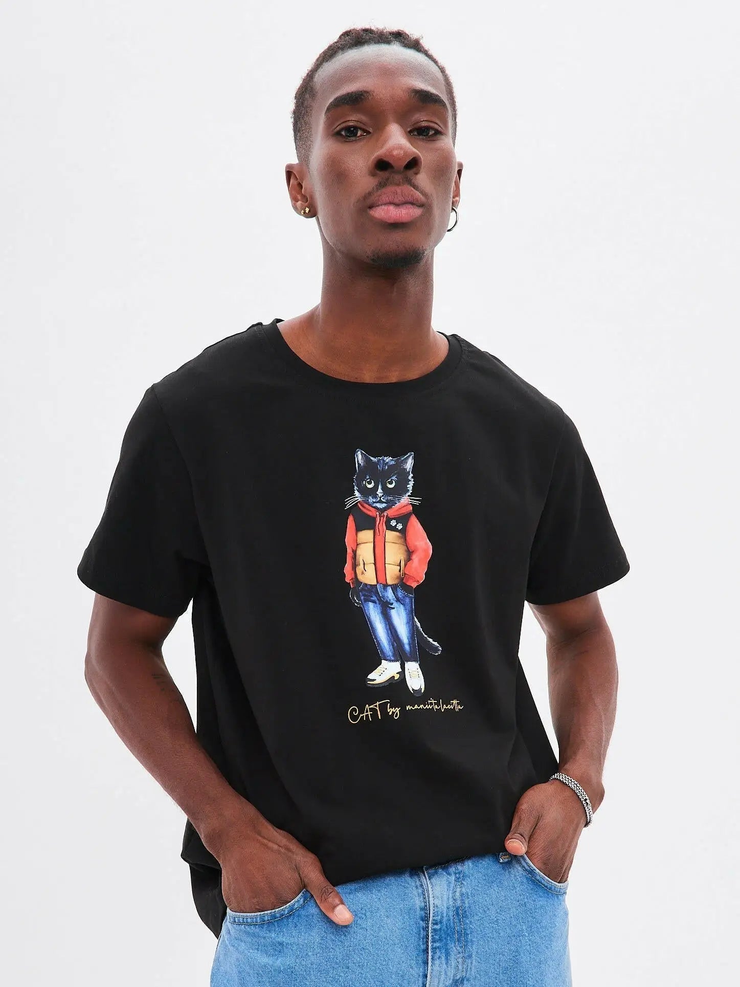 Black T-shirt Sport Casual Cat | T-shirt For Cat Lovers | Cat e