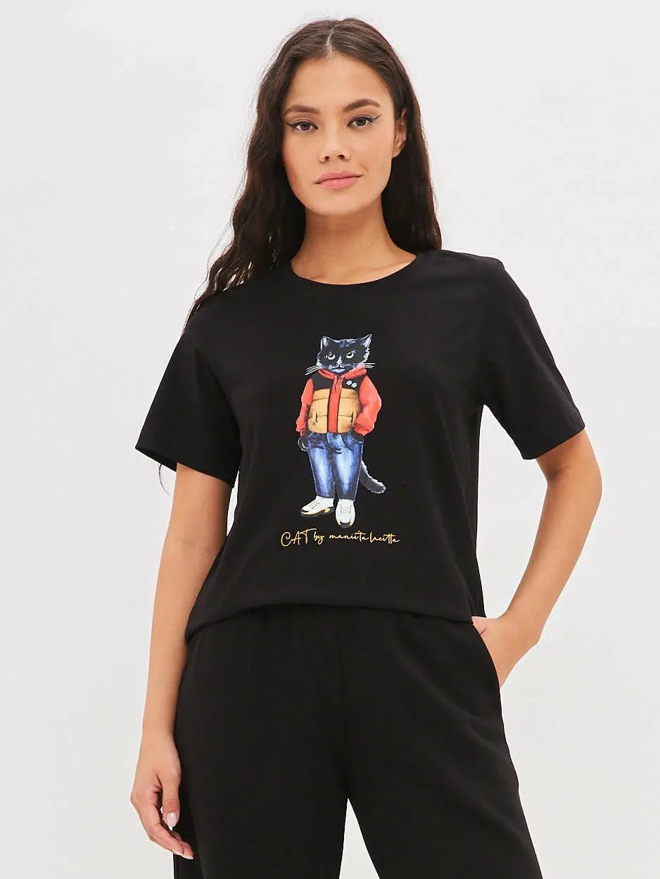Black T-shirt Sport Casual Cat | T-shirt For Cat Lovers | Cat e