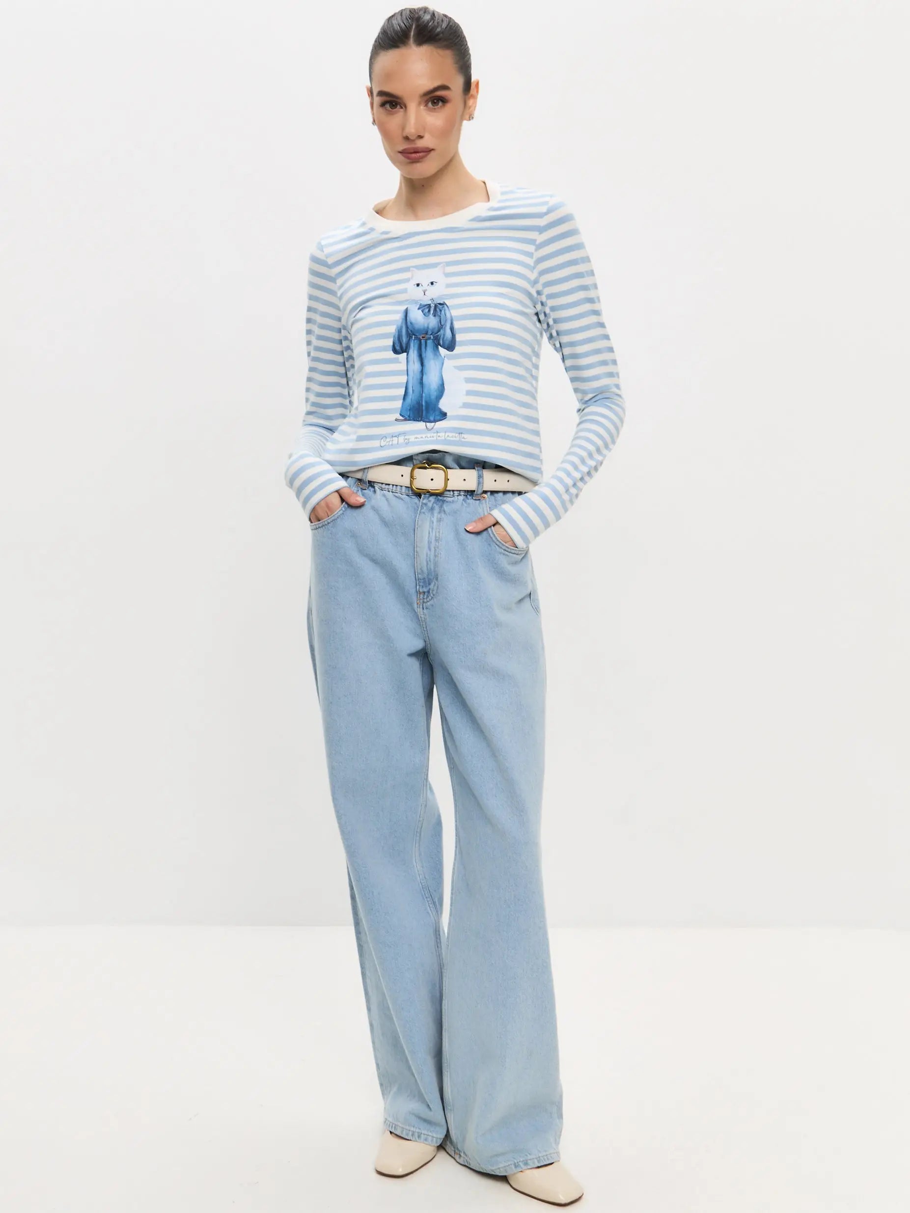 Blue Longsleeve Denim Cat | Shirt & Striped shirt For Cat Lovers