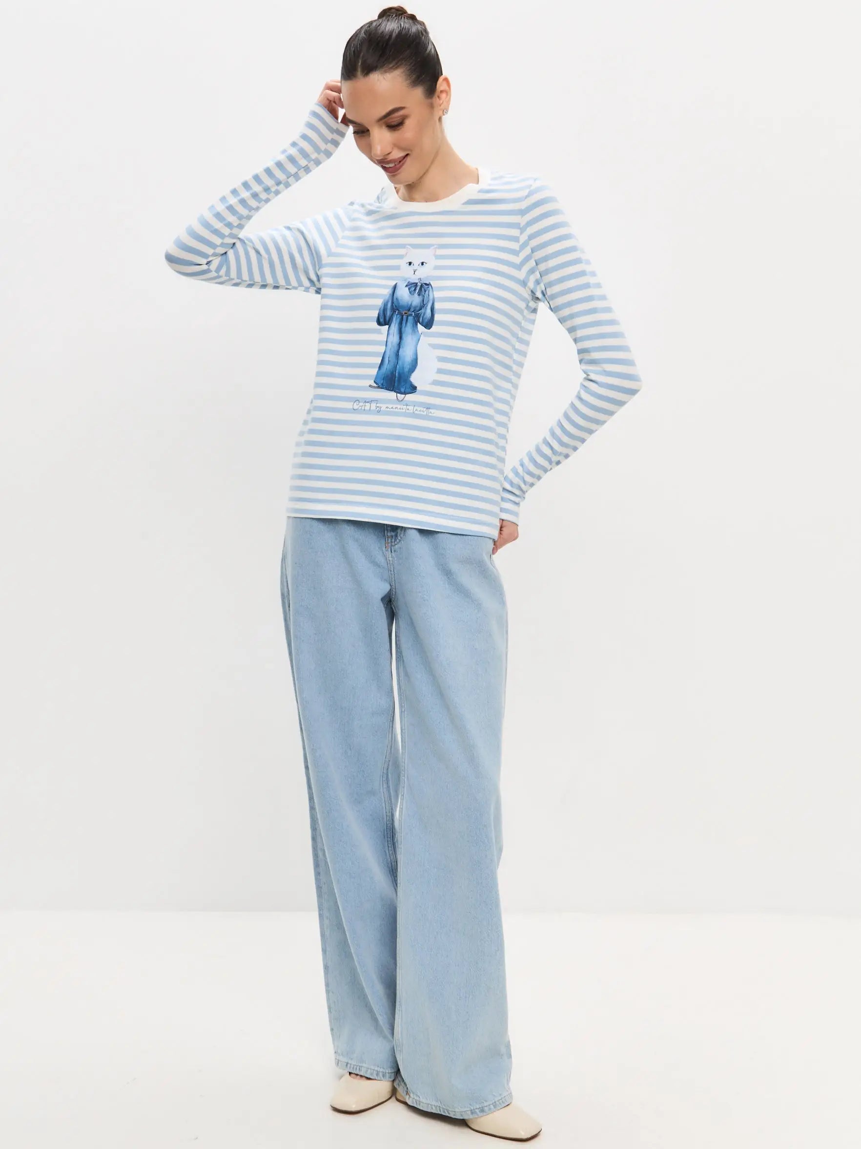 Blue Longsleeve Denim Cat | Shirt & Striped shirt For Cat Lovers