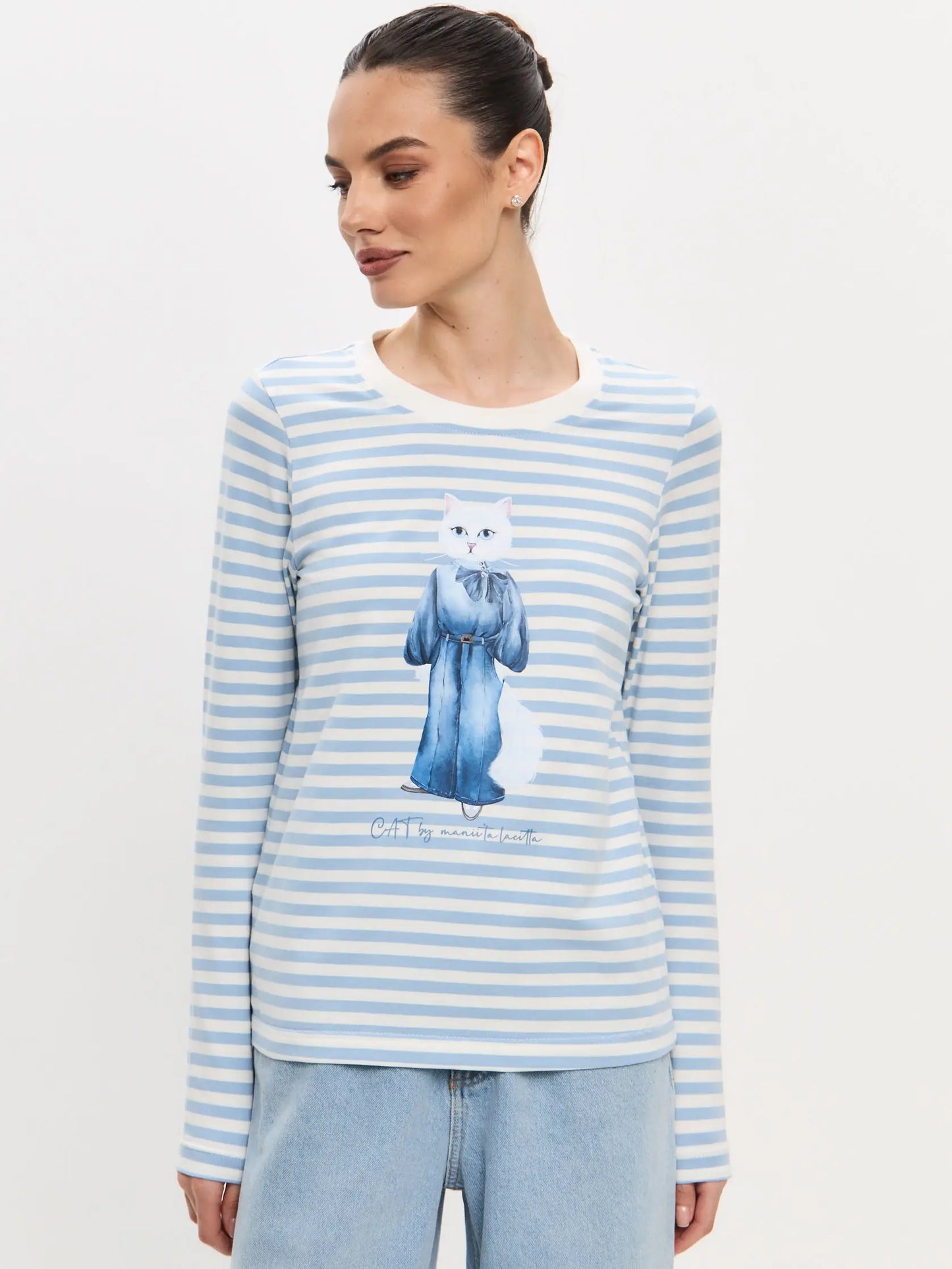Blue Longsleeve Denim Cat | Shirt & Striped shirt For Cat Lovers