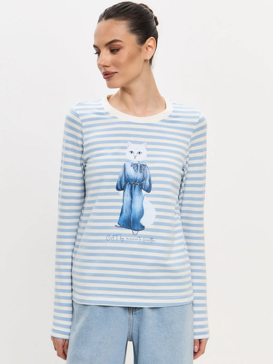Blue Longsleeve Denim Cat | Shirt & Striped shirt For Cat Lovers