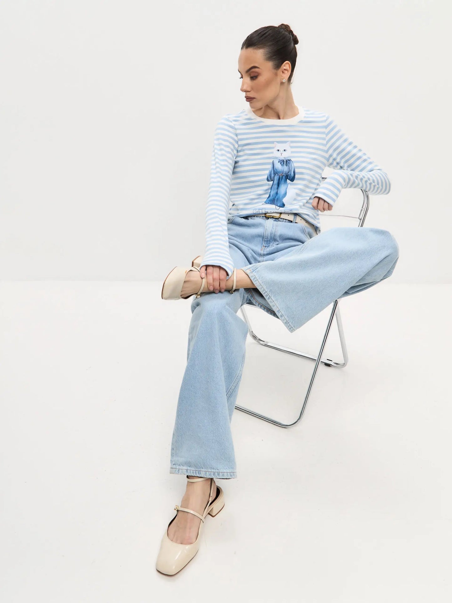 Blue Longsleeve Denim Cat | Shirt & Striped shirt For Cat Lovers
