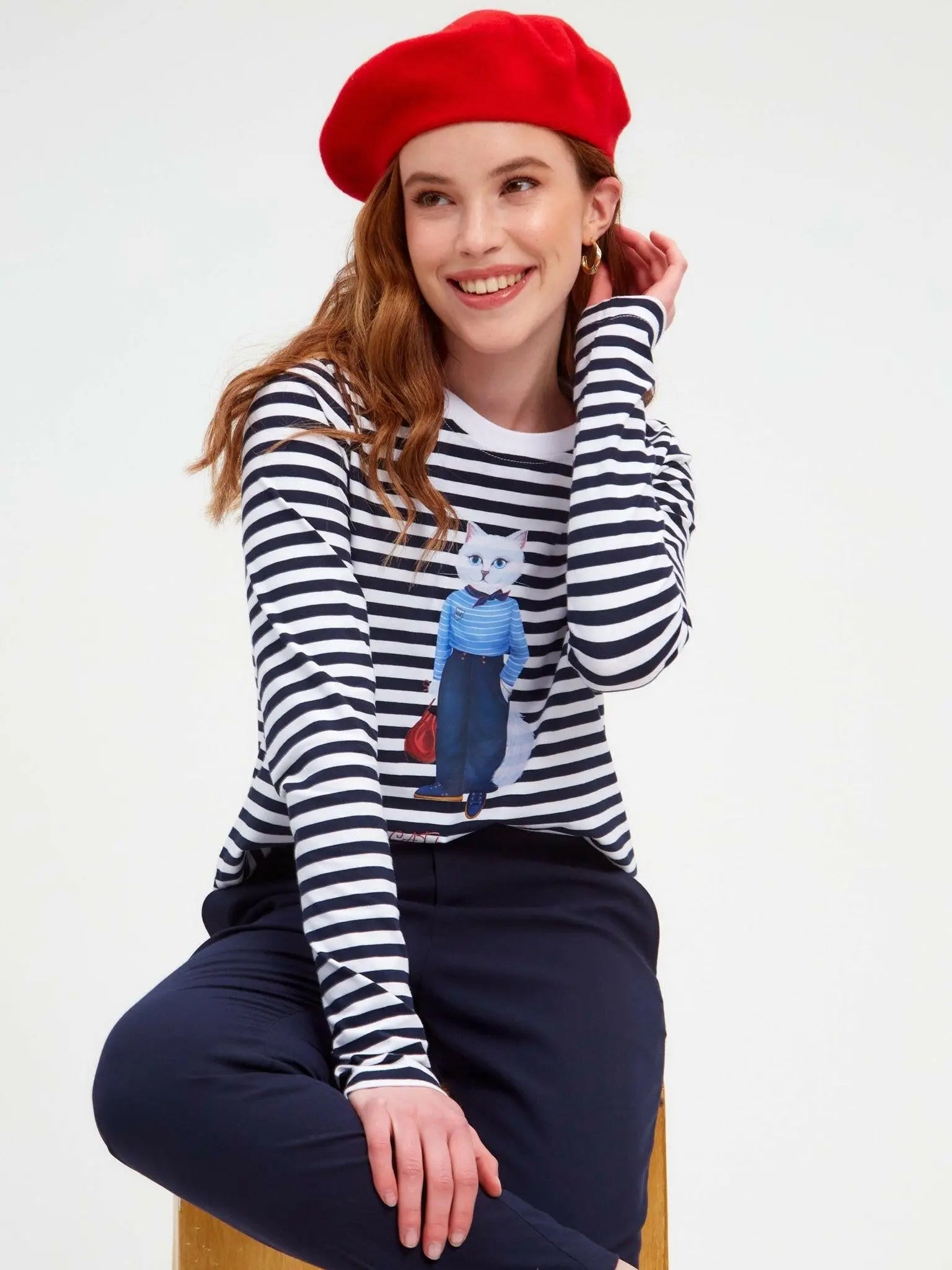 Blue Longsleeve Mariner Cat | Shirt & Striped shirt For Cat Lovers