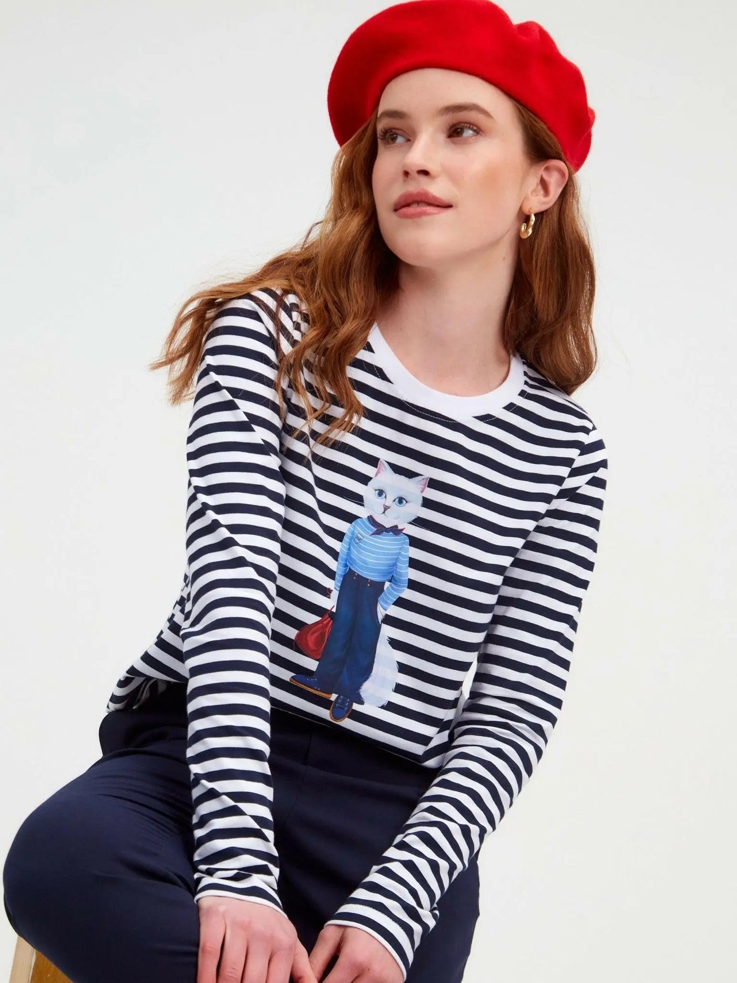 Blue Longsleeve Mariner Cat | Shirt & Striped shirt For Cat Lovers