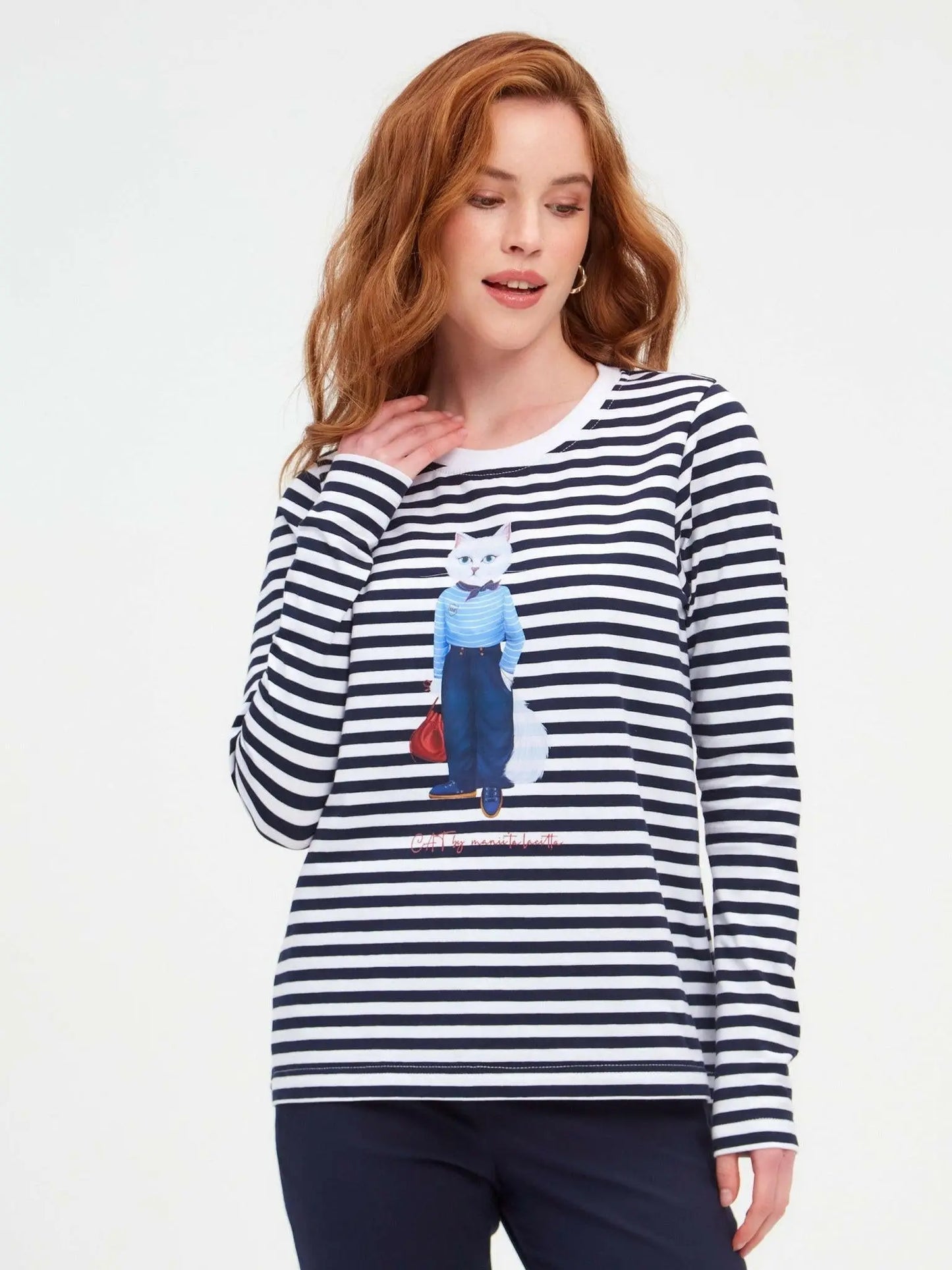 Blue Longsleeve Mariner Cat | Shirt & Striped shirt For Cat Lovers