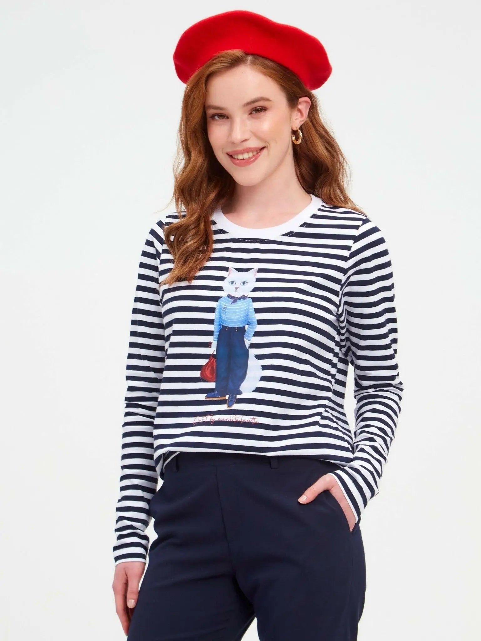Blue Longsleeve Mariner Cat | Shirt & Striped shirt For Cat Lovers