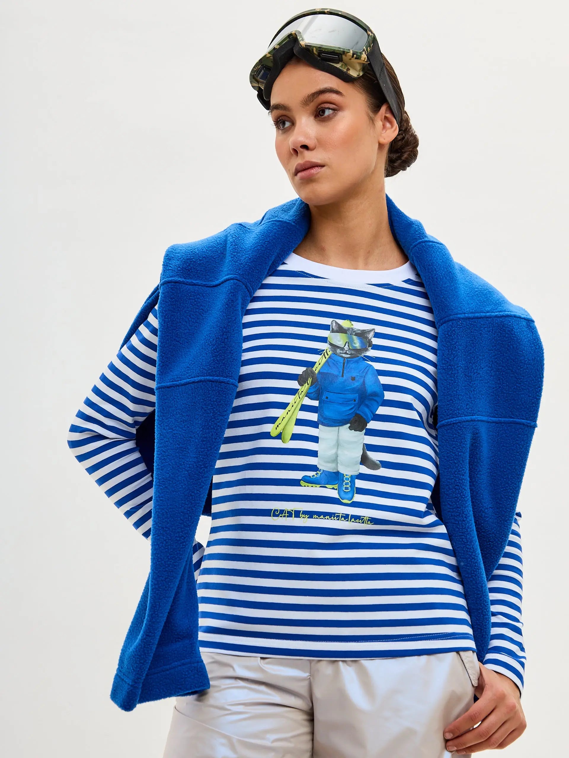 Blue Longsleeve Ski Cat | Shirt & Striped shirt For Cat Lovers | Cat