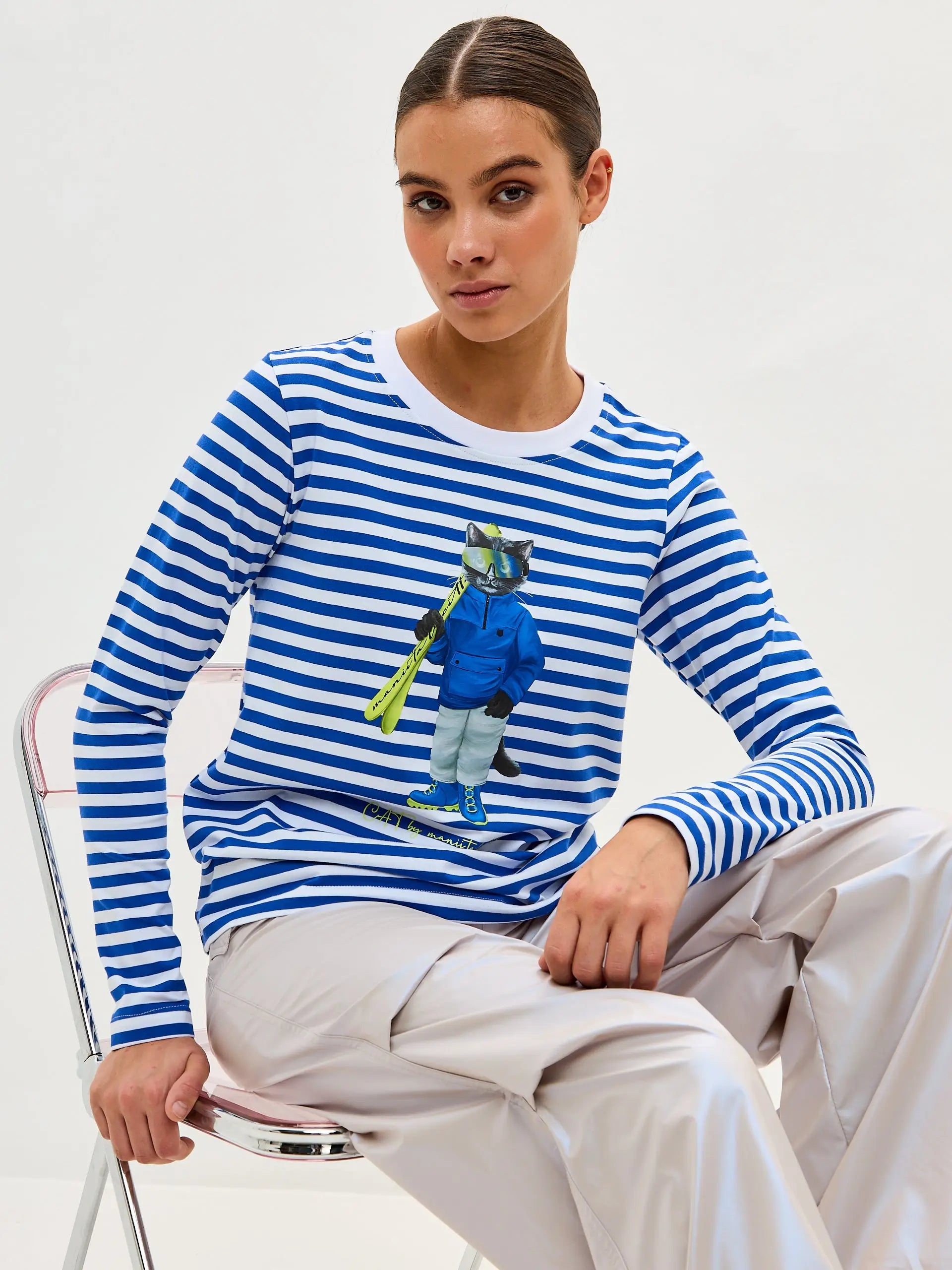Blue Longsleeve Ski Cat | Shirt & Striped shirt For Cat Lovers | Cat