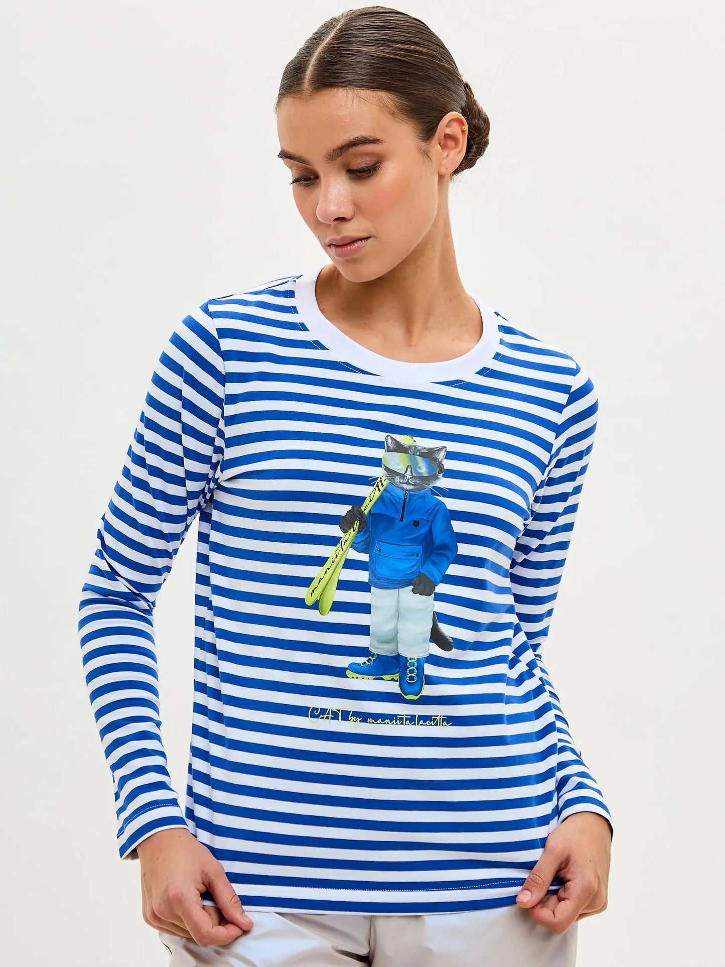 Blue Longsleeve Ski Cat | Shirt & Striped shirt For Cat Lovers | Cat